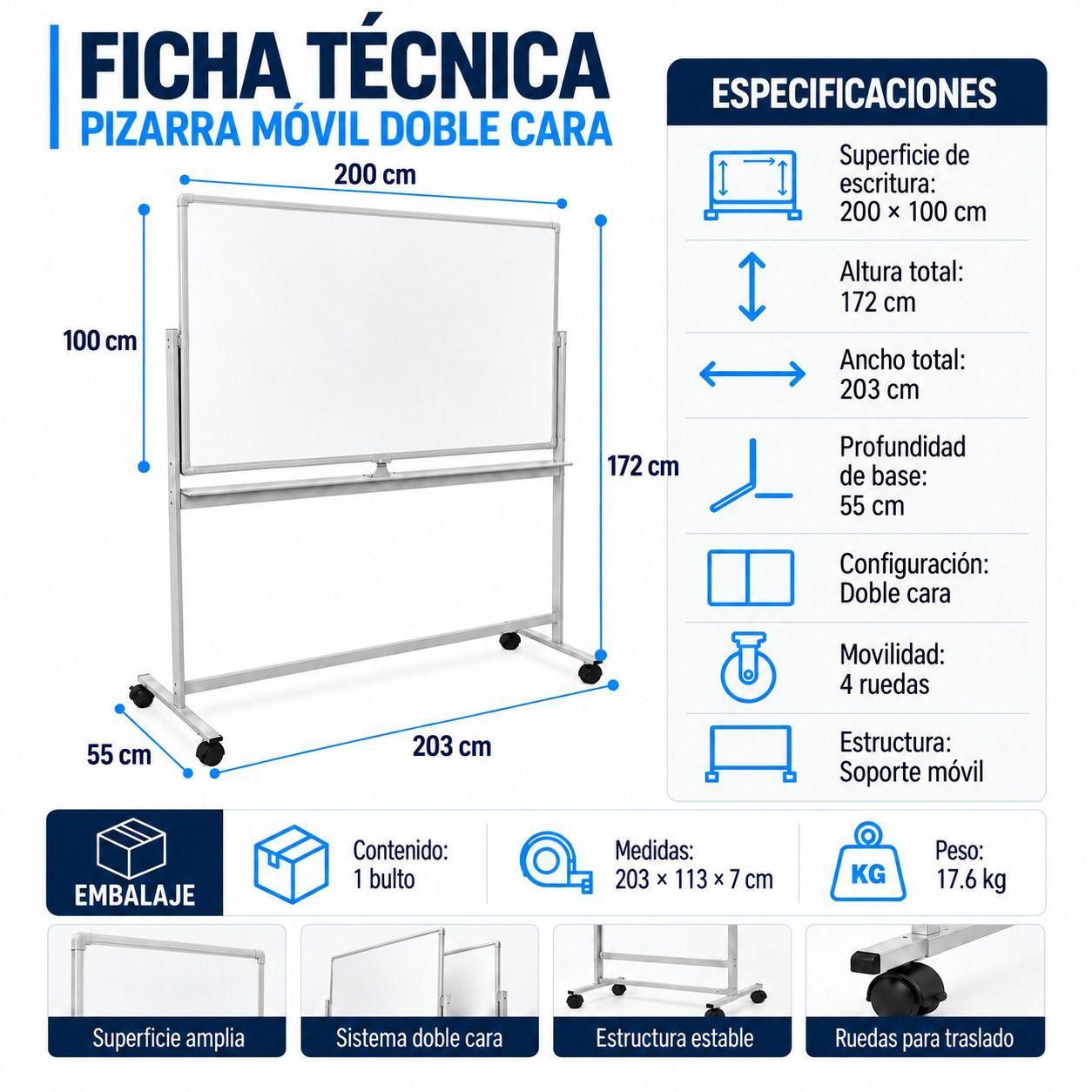 Pizarra Classic Móvil Magnética Doble Cara 100x200cm-4
