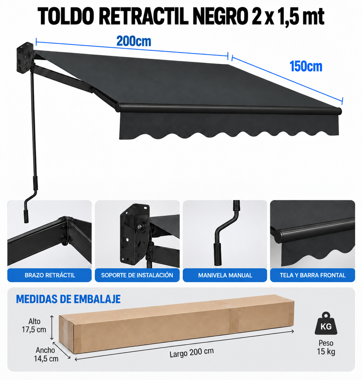 Toldo 2×1,5mt con Brazo Retráctil Negro-3