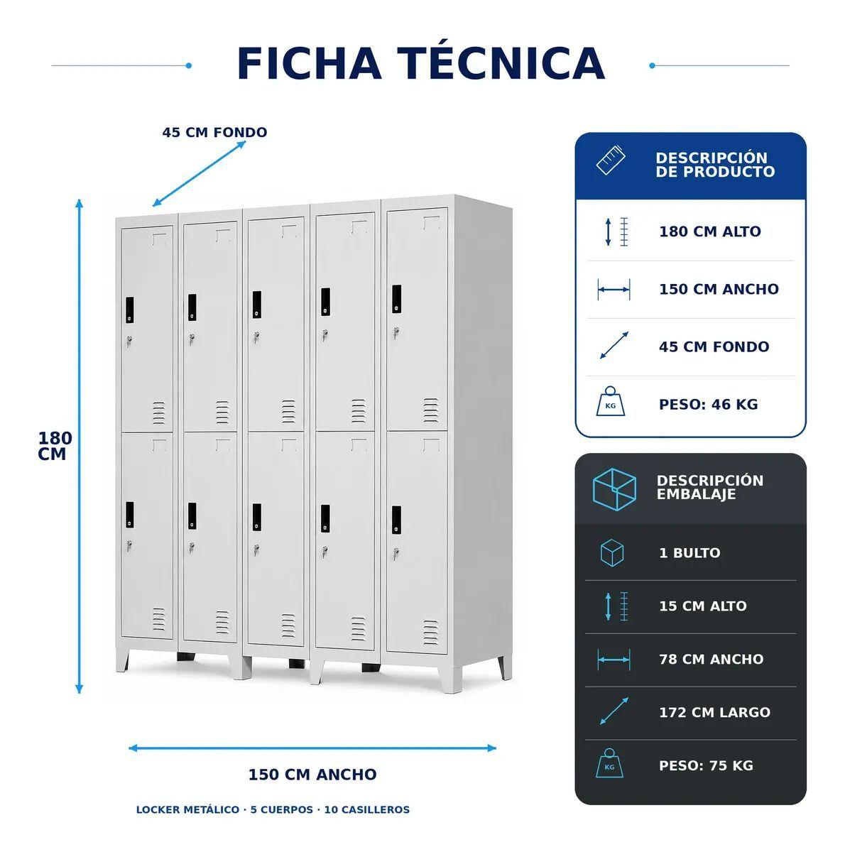 Locker 5 Cuerpos 10 Casilleros 180x150x45cm-6