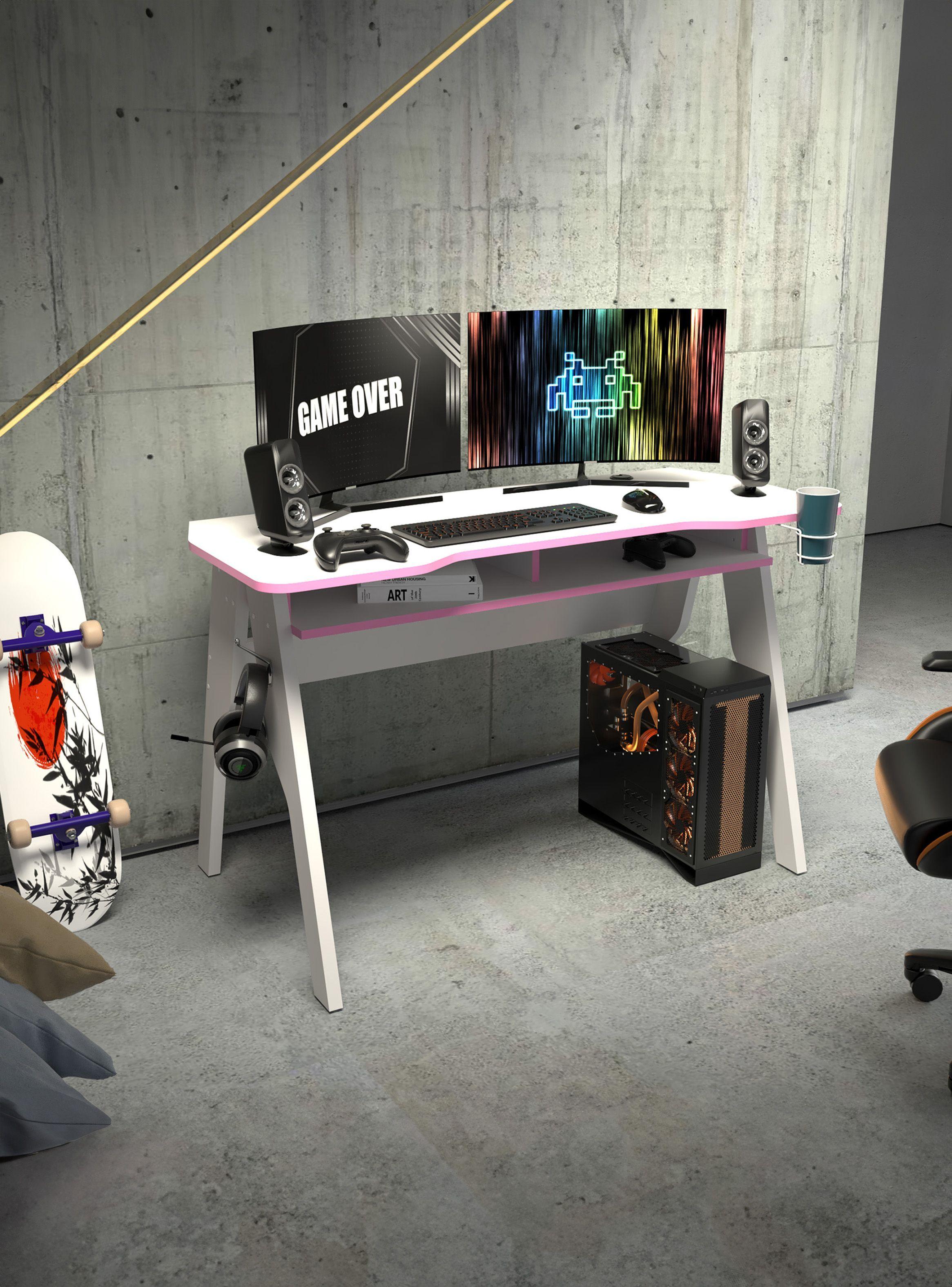 Escritorio Gamer Blanco con Canto Rosa ES20503-1