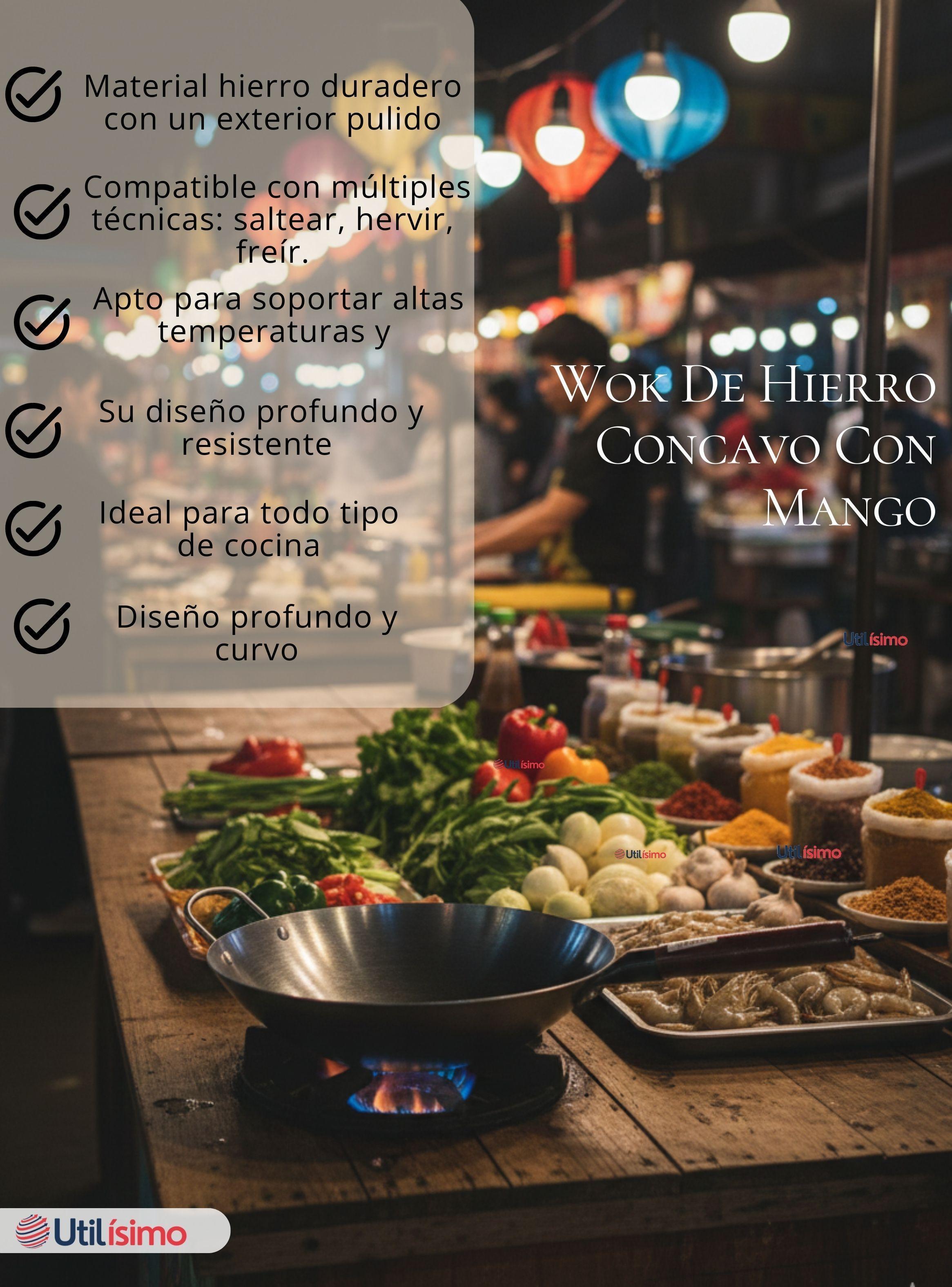 Sartén Wok de Hierro Concavo de 34cm Con Mango Color Plateado-2