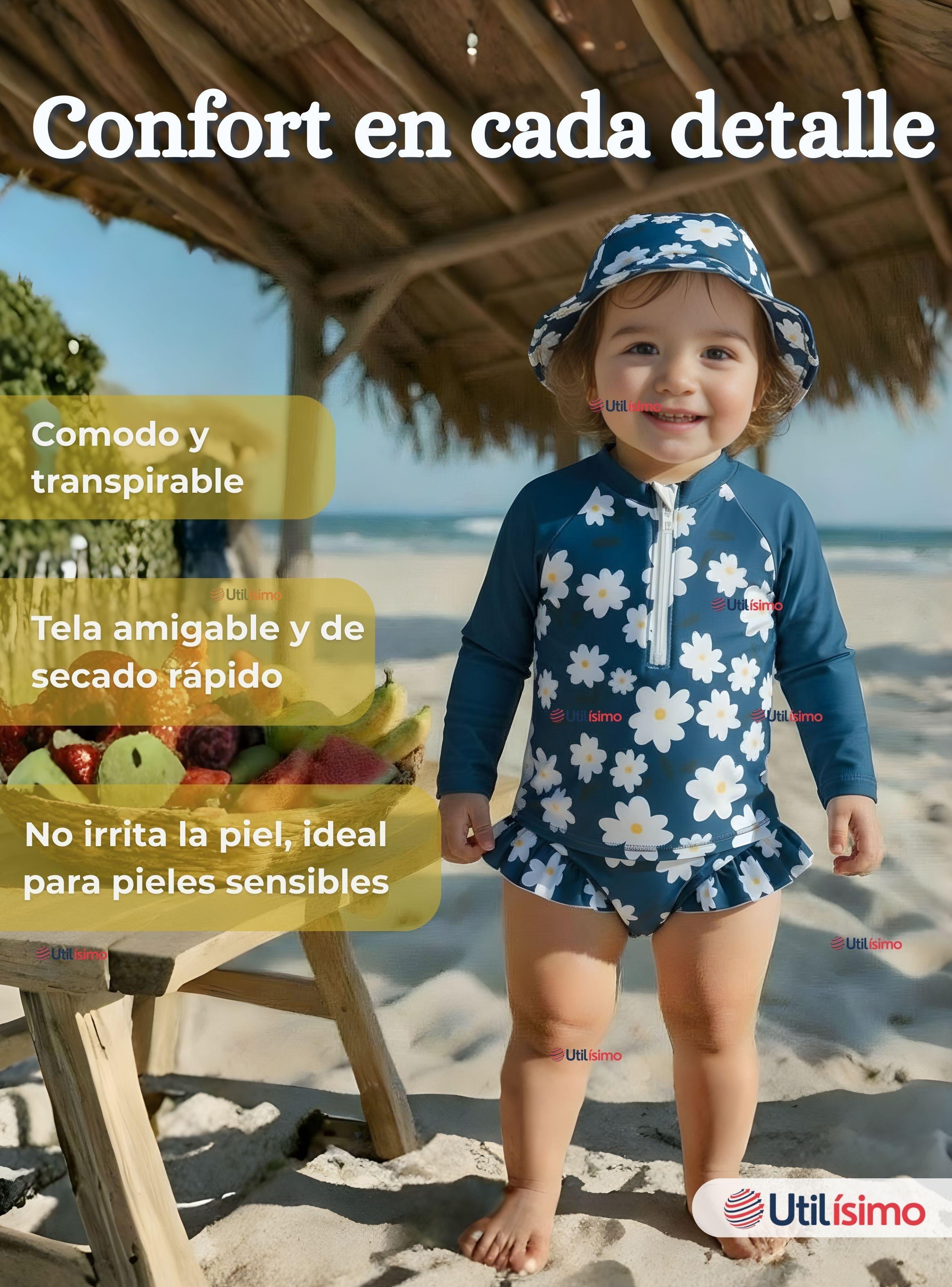 Traje de Baño Enterito Manga Larga Con Gorro para Niña de 9 a 36 Meses Azul-5