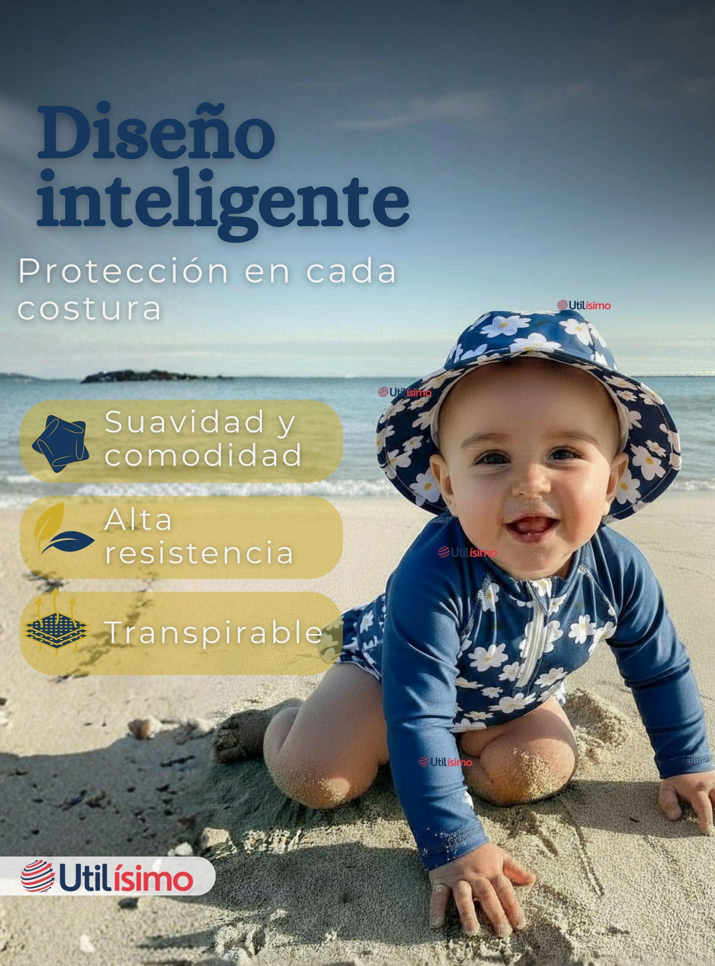 Traje de Baño Enterito Manga Larga Con Gorro para Niña de 9 a 36 Meses Azul-6