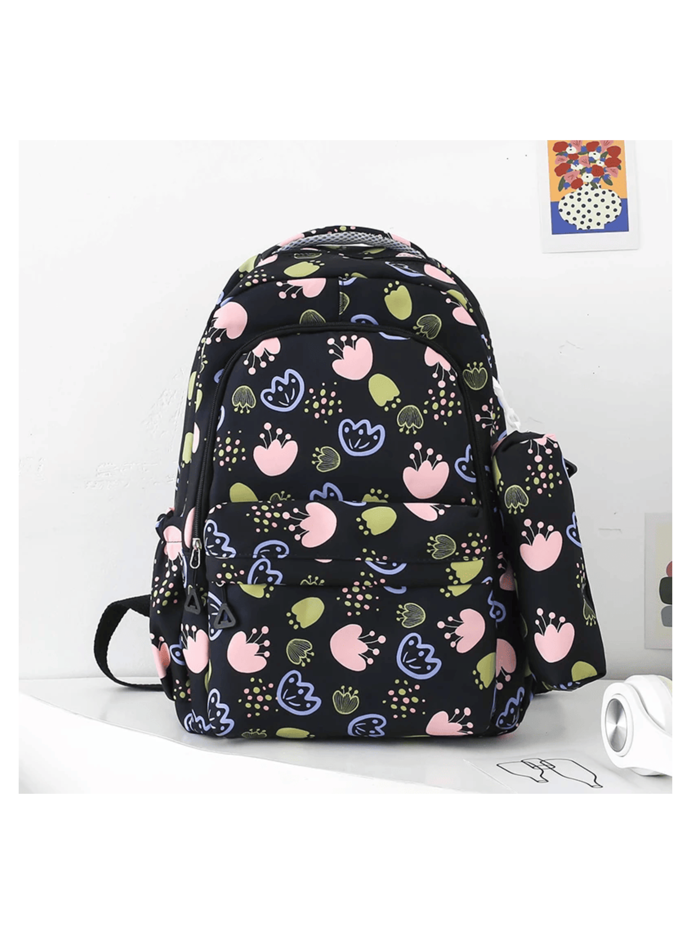 Mochila Escolar 46cm Diseño Floral Print Black-2