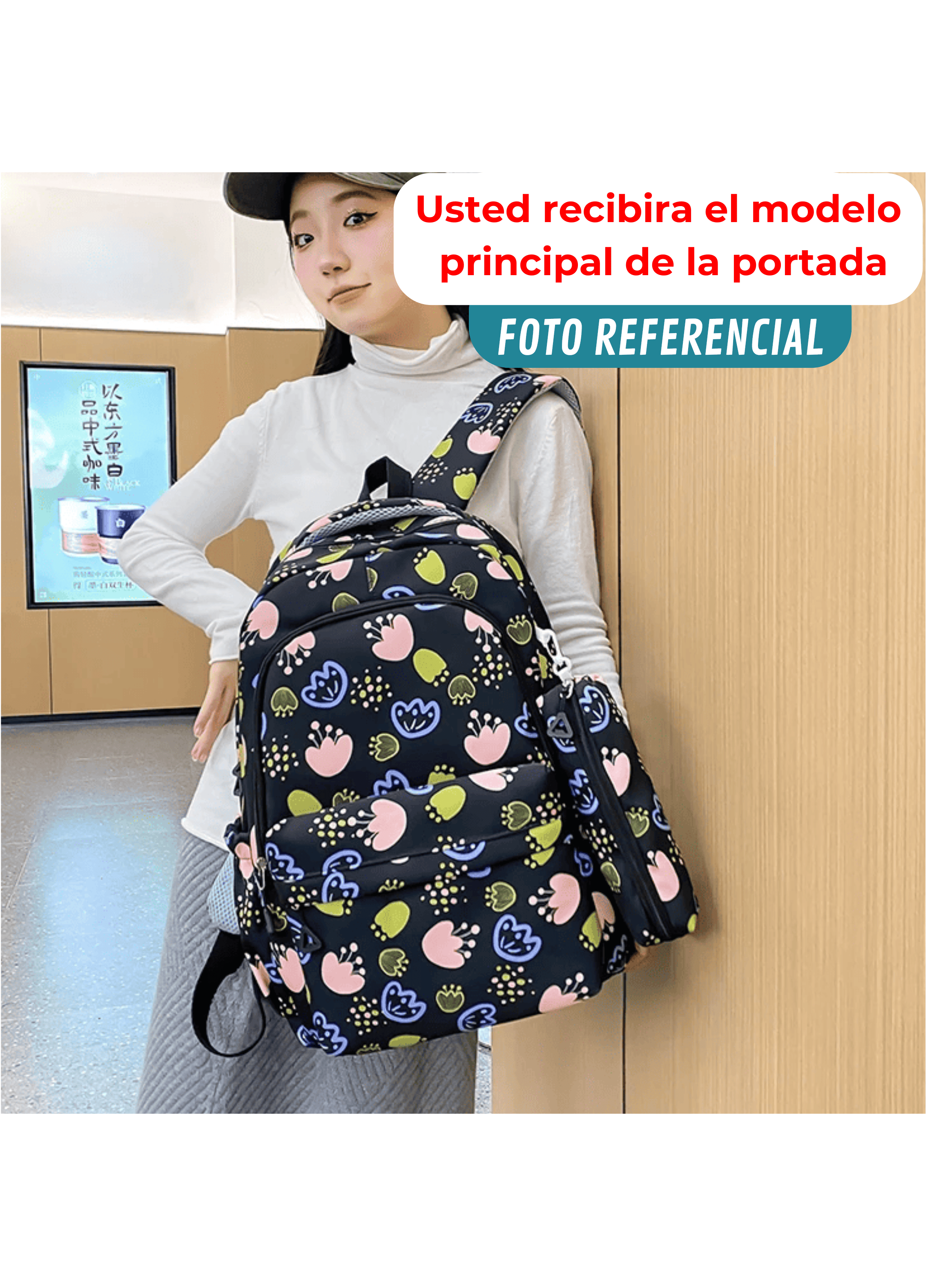 Mochila Escolar 46cm Diseño Floral Print Black-3