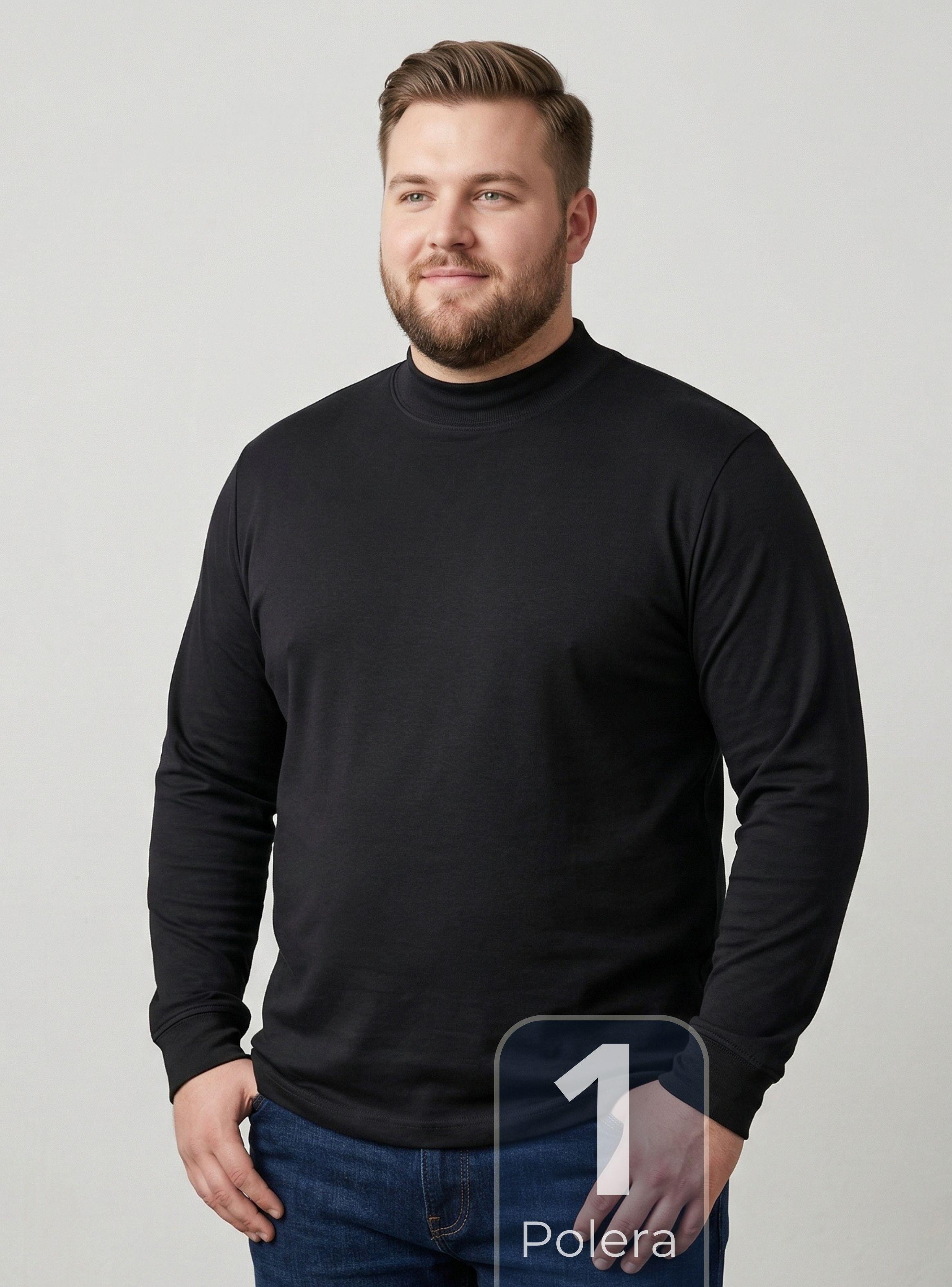 Camiseta Polera Bambú Primera Capa Cuello Beatle Manga Larga Negro Hombre-1