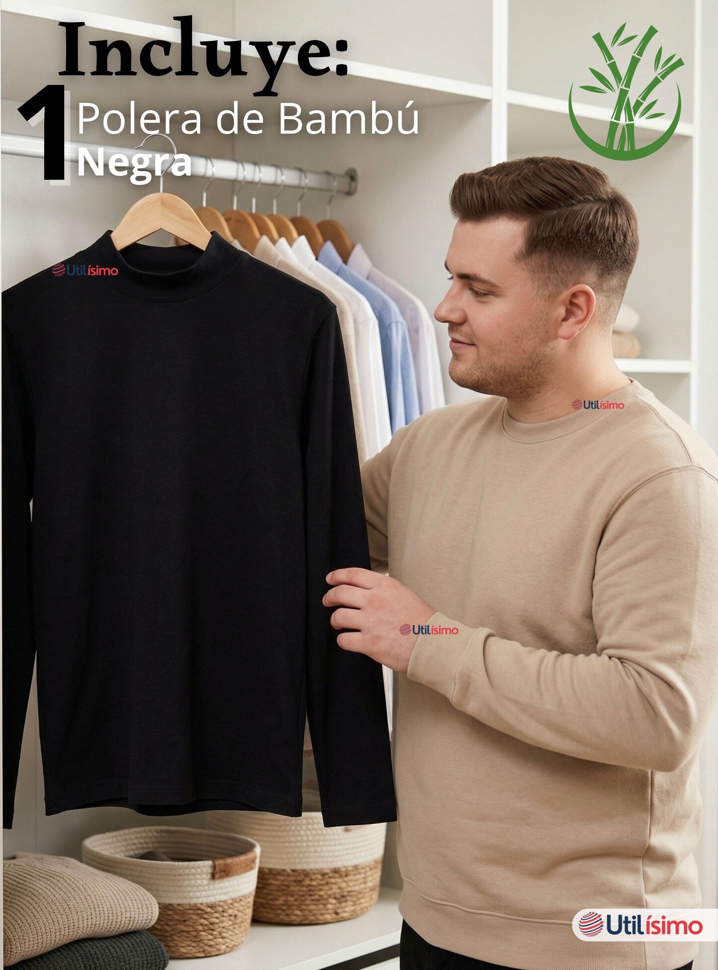 Camiseta Polera Bambú Primera Capa Cuello Beatle Manga Larga Negro Hombre-2