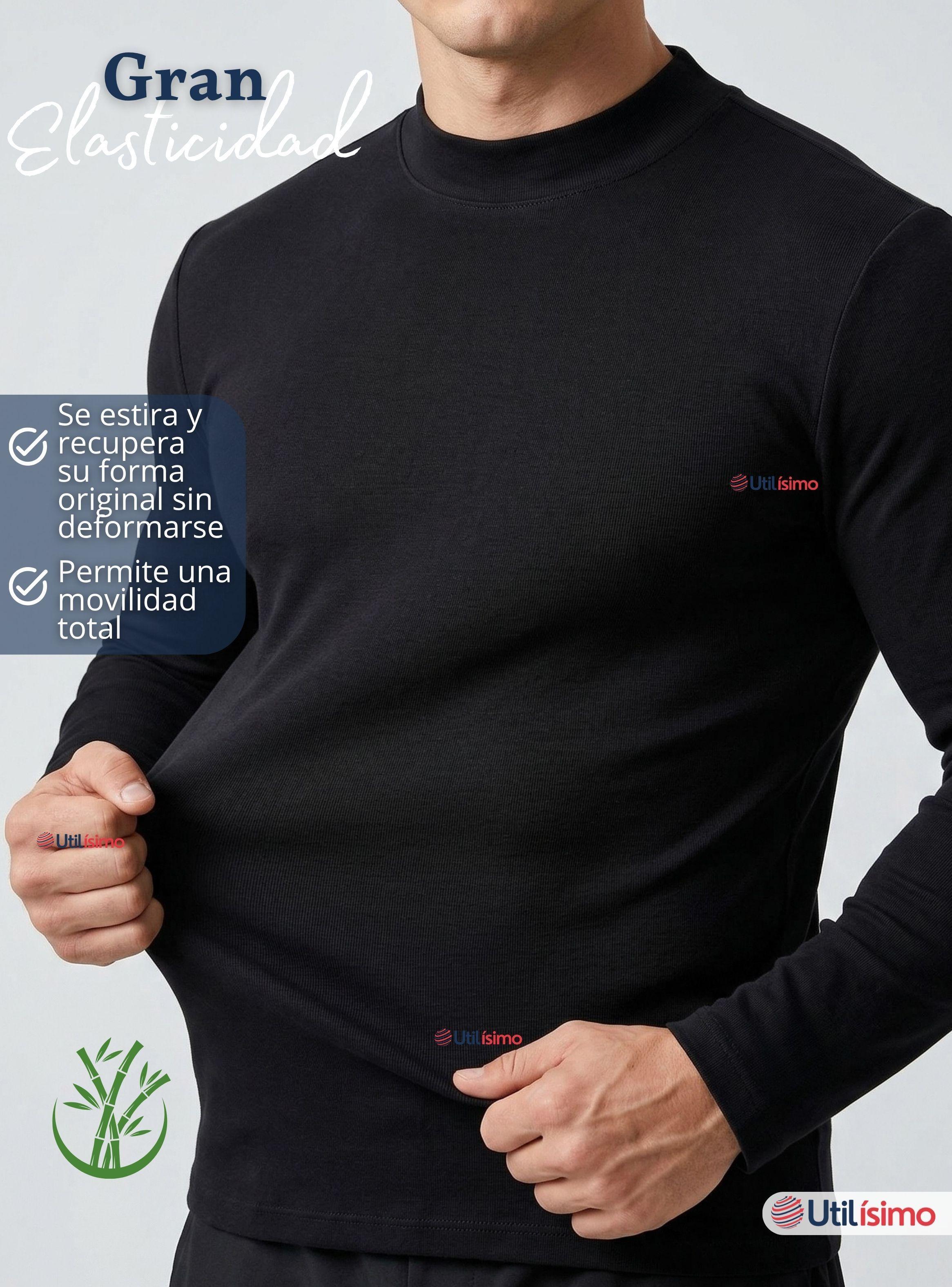 Camiseta Polera Bambú Primera Capa Cuello Beatle Manga Larga Negro Hombre-5