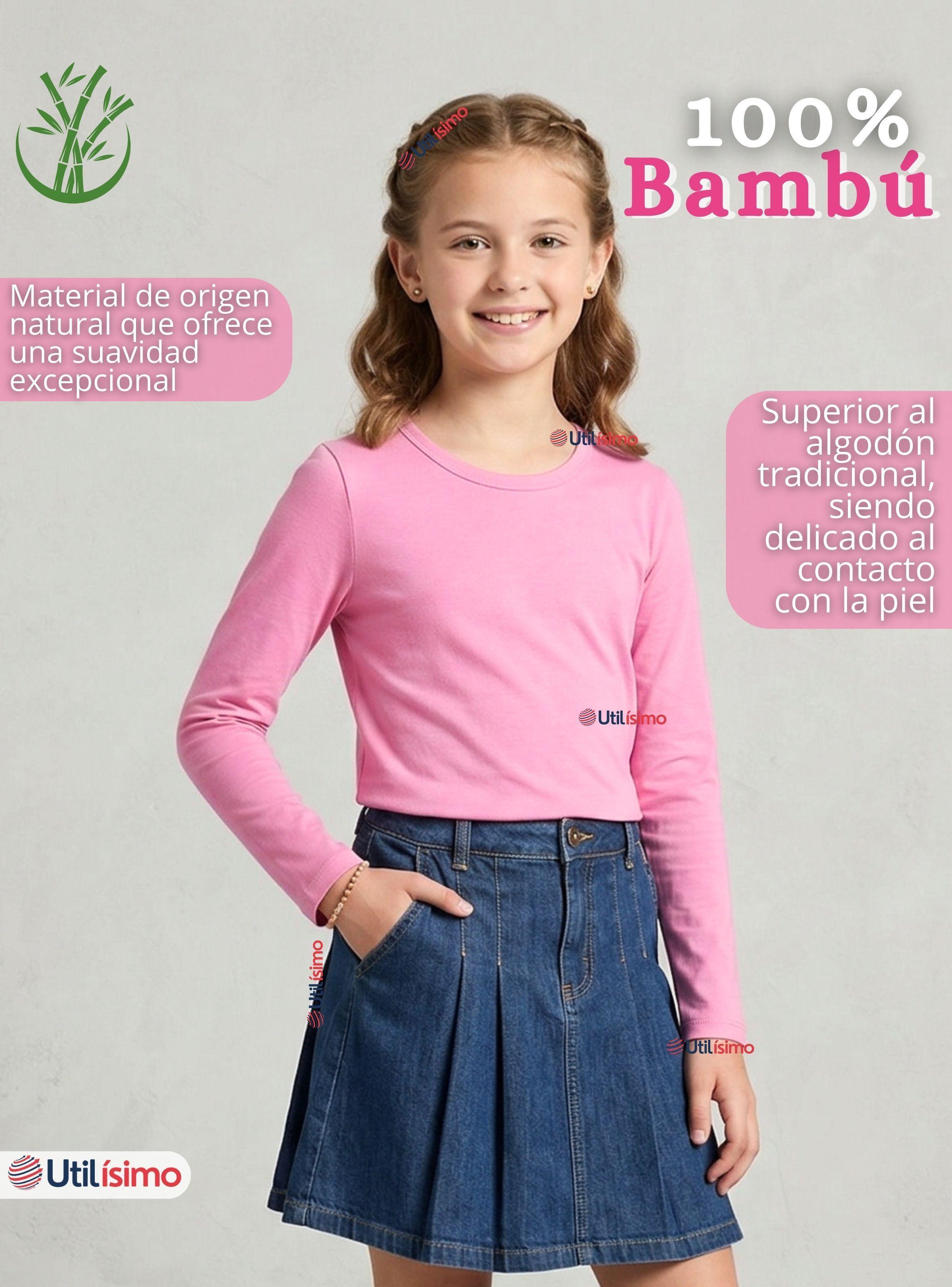 Camiseta Polera Bambú Cuello Redondo Rosado Oscuro Primera Capa Mangas Largas Niñas-3