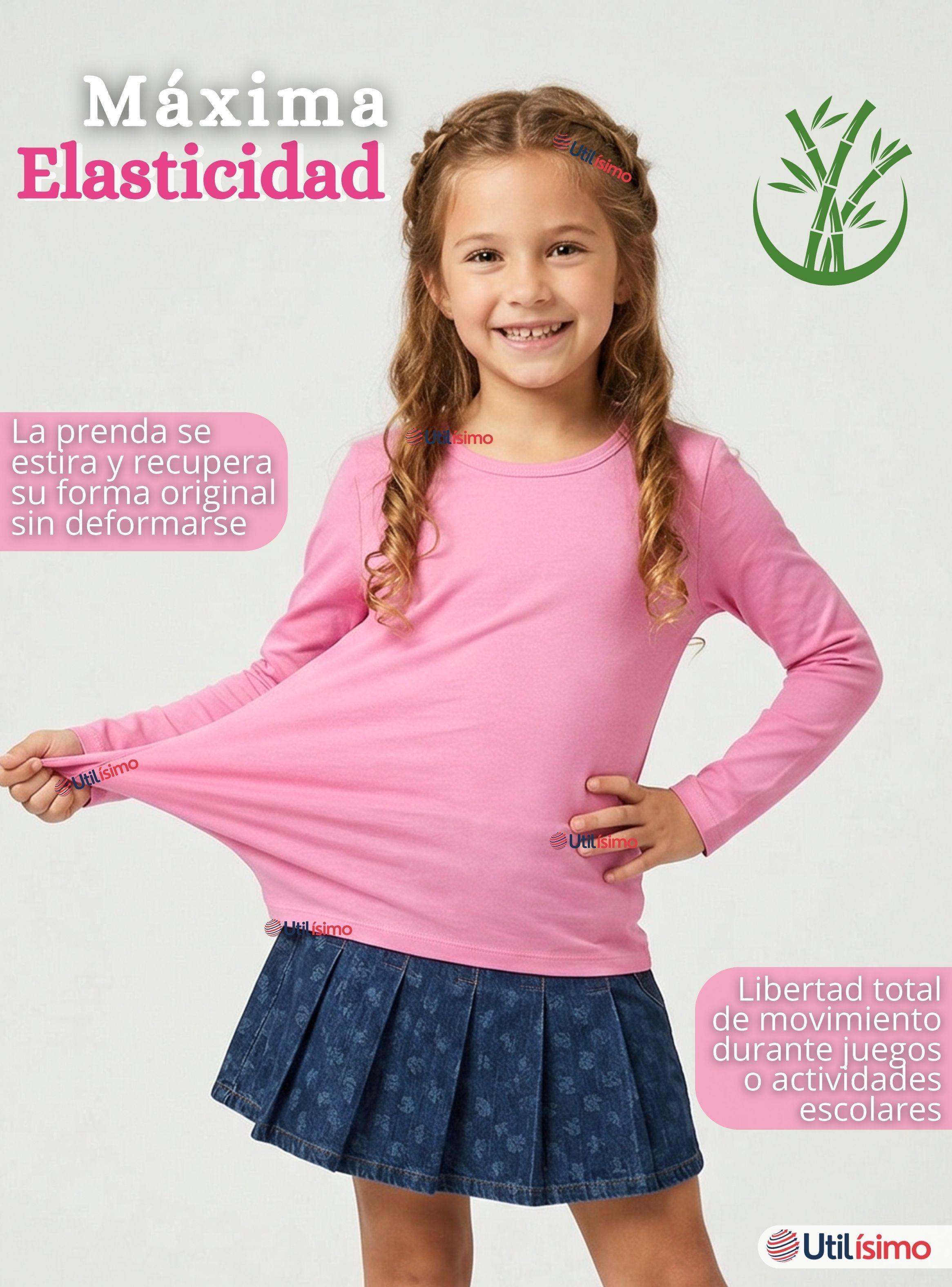 Camiseta Polera Bambú Cuello Redondo Rosado Oscuro Primera Capa Mangas Largas Niñas-4