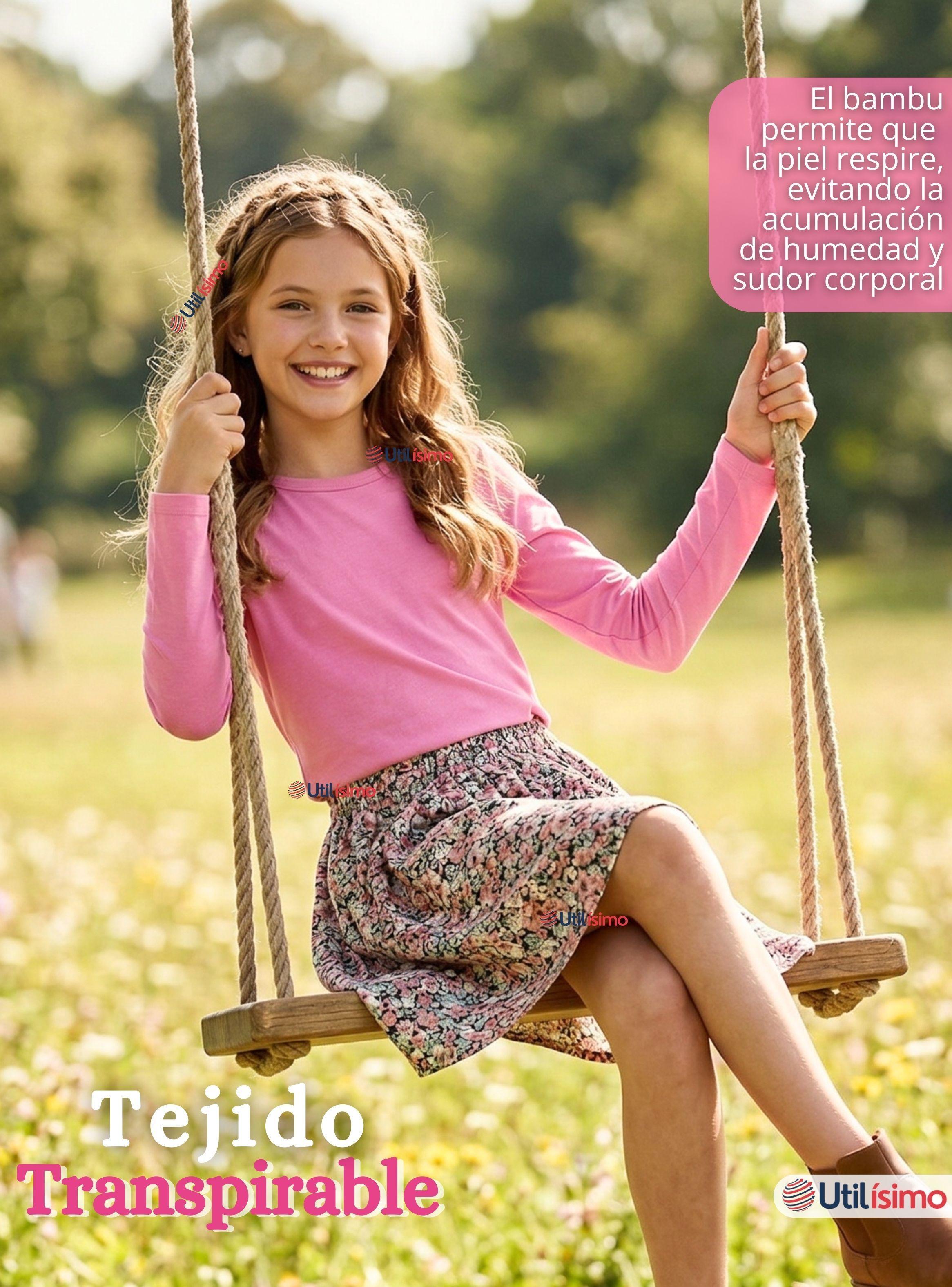 Camiseta Polera Bambú Cuello Redondo Rosado Oscuro Primera Capa Mangas Largas Niñas-7