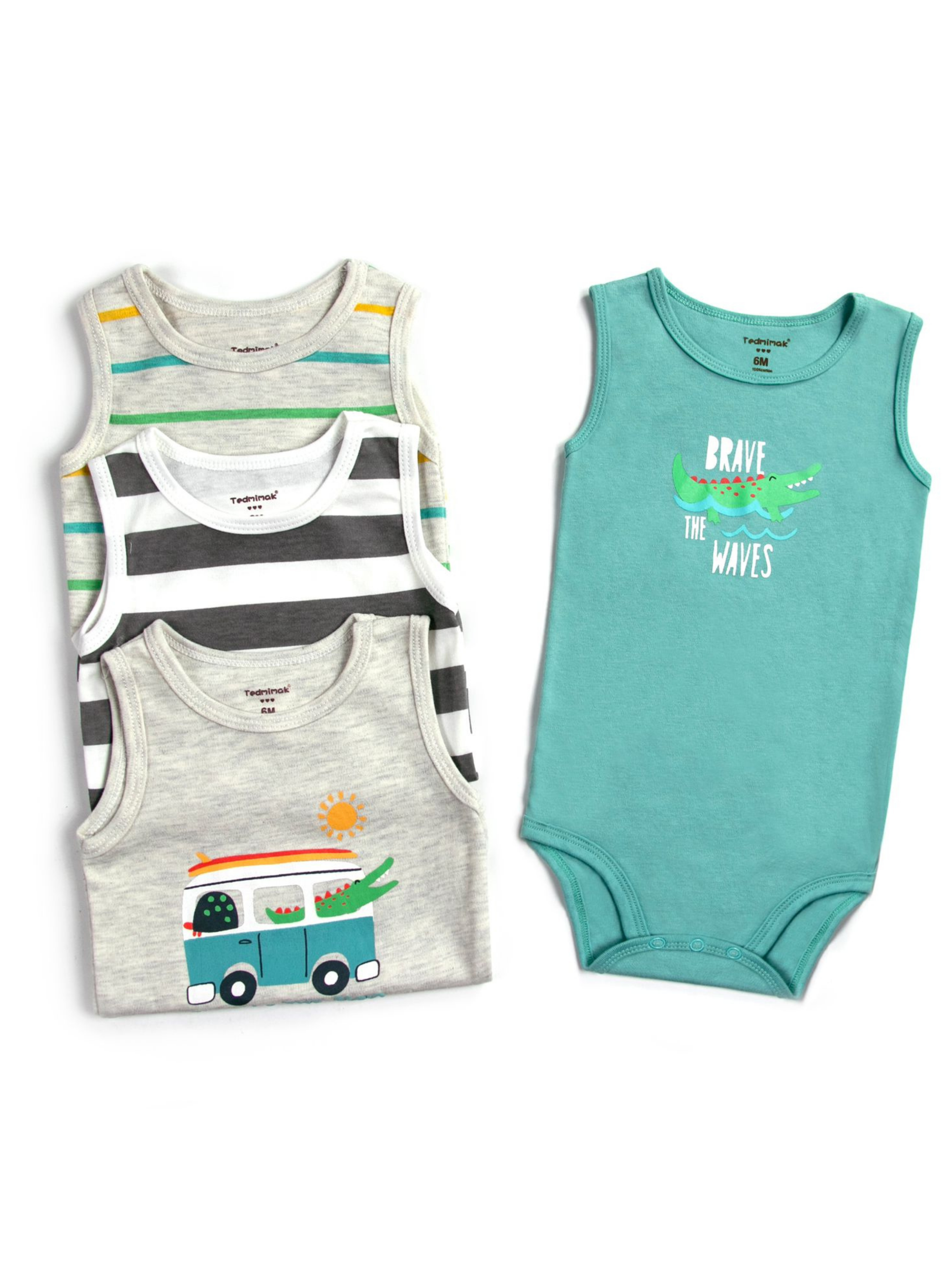 Pack 4 Bodys Niño Sin Manga Tedmimak 100% Algodón Cocodrilo Verde-1