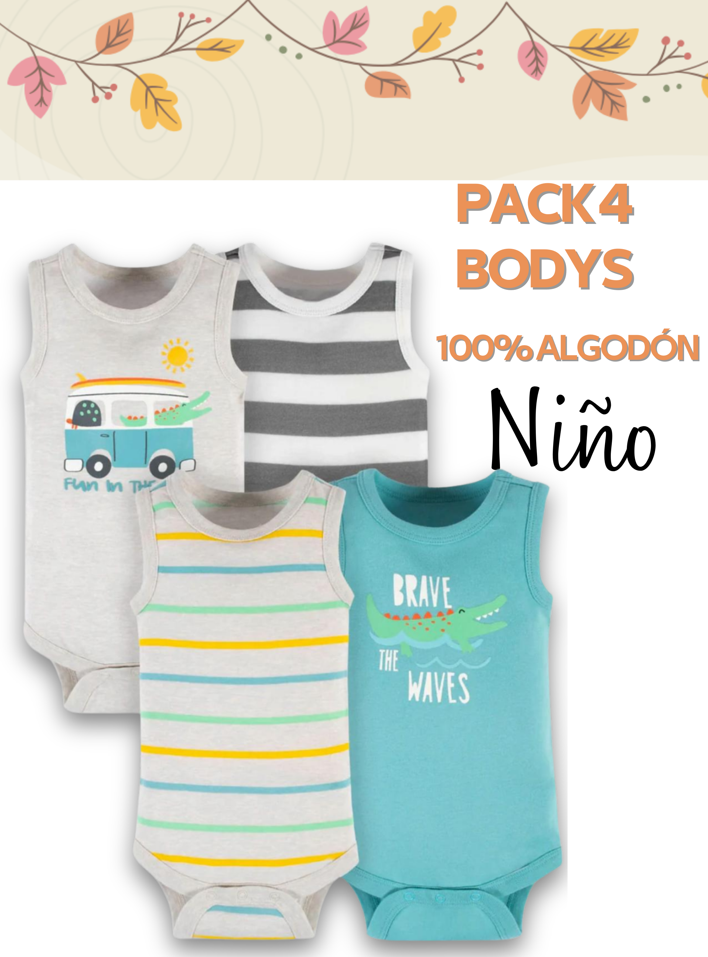 Pack 4 Bodys Niño Sin Manga Tedmimak 100% Algodón Cocodrilo Verde-4
