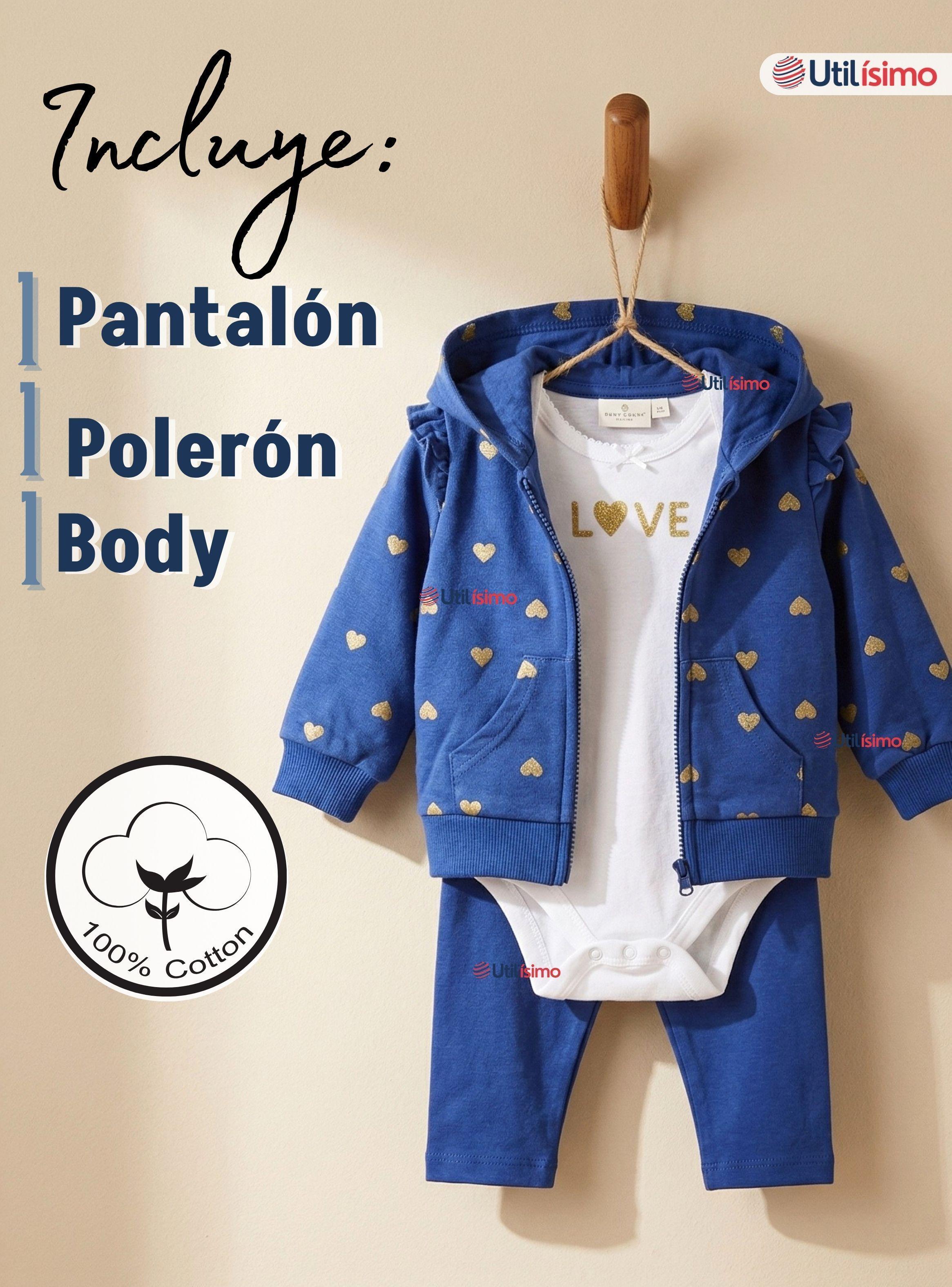 Conjunto 3 Piezas Buzo Pantalón Polerón Body De Algodón Azul Corazones Bebé Niña-2