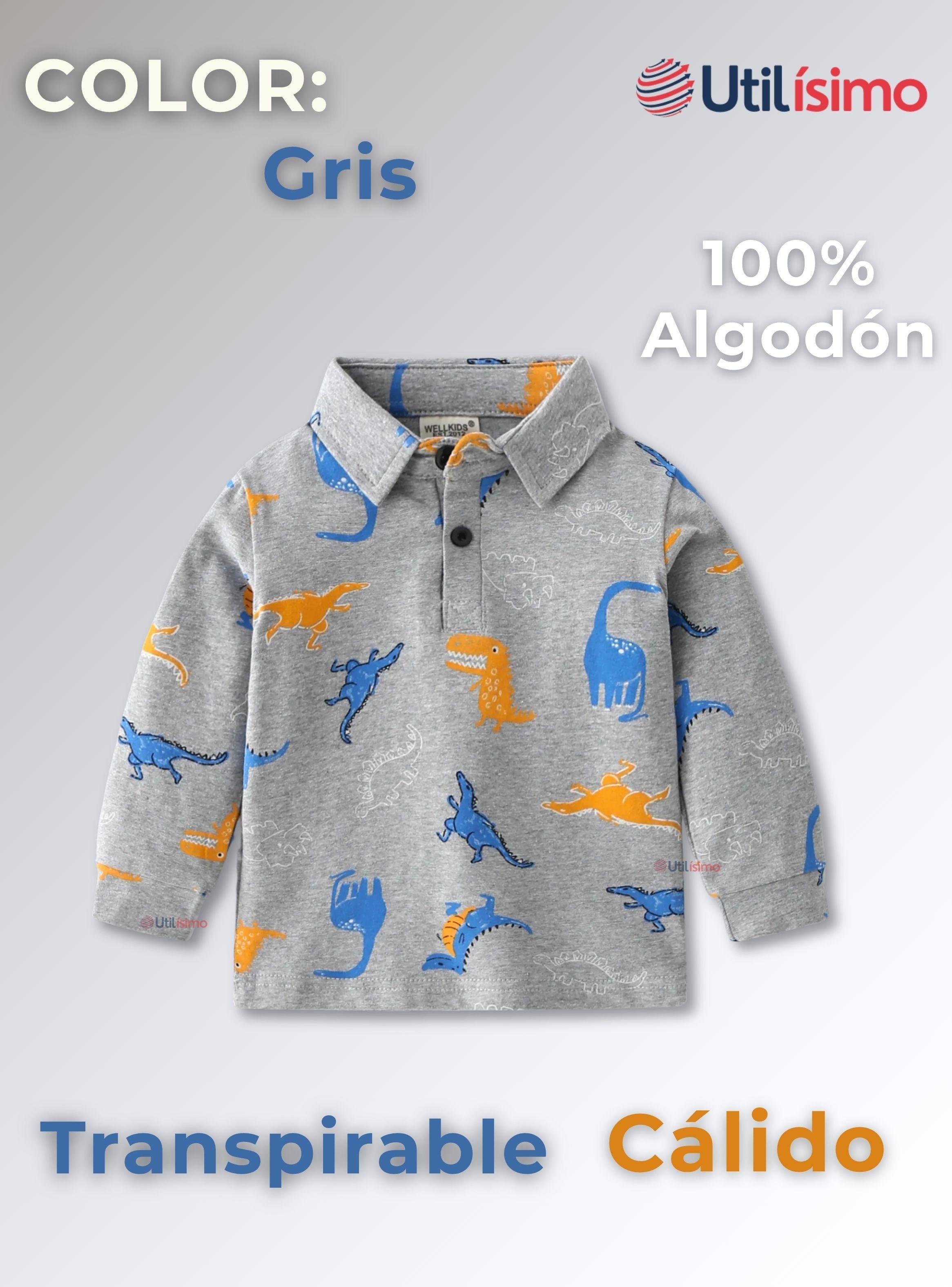 Polera Piqué Manga Larga Niño Estampado Dinosaurios Gris-1