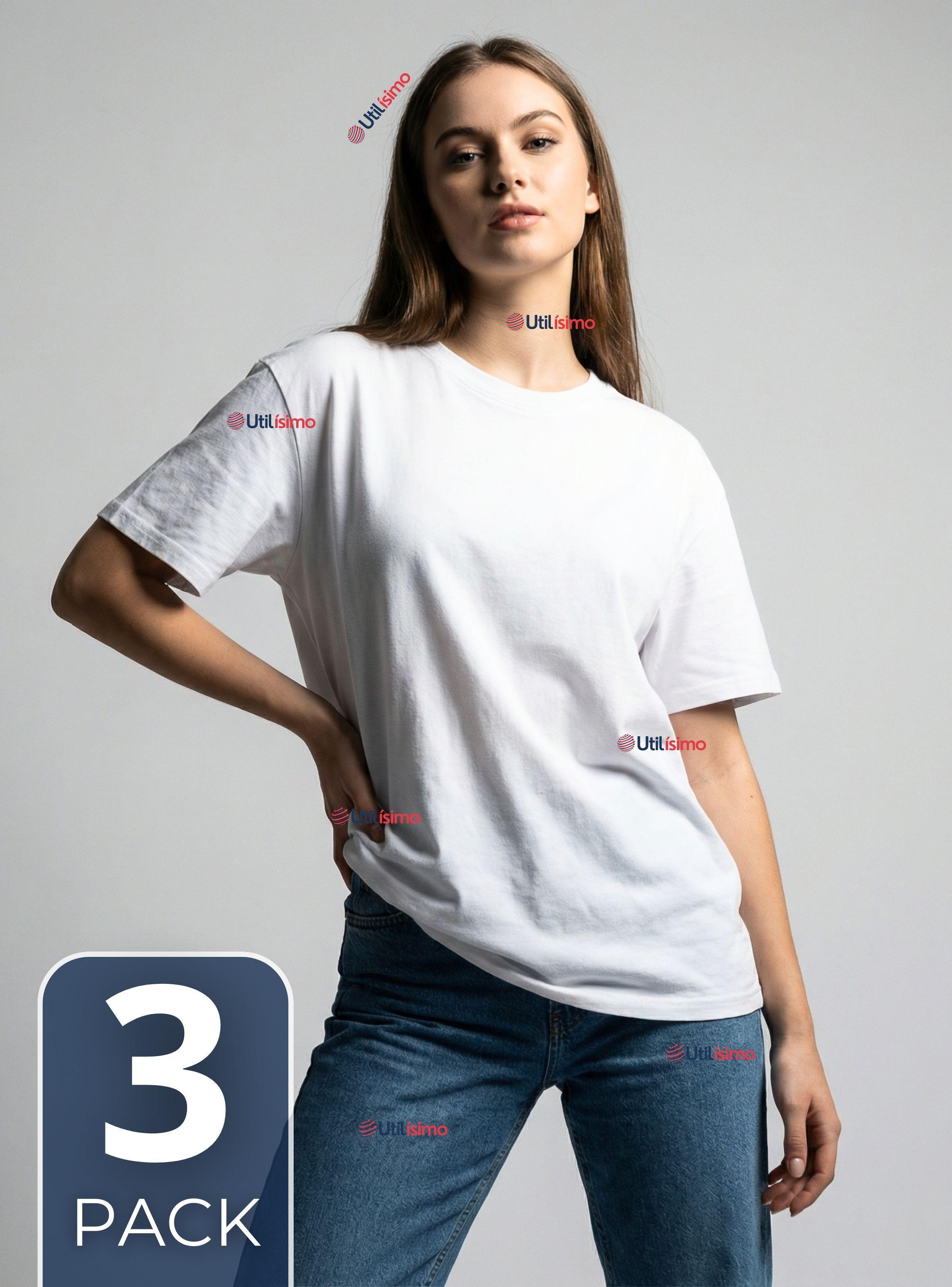 Pack 3 Camisetas Poleras 100% Algodón Básica Lisa Elástica Mujer Blanco-0