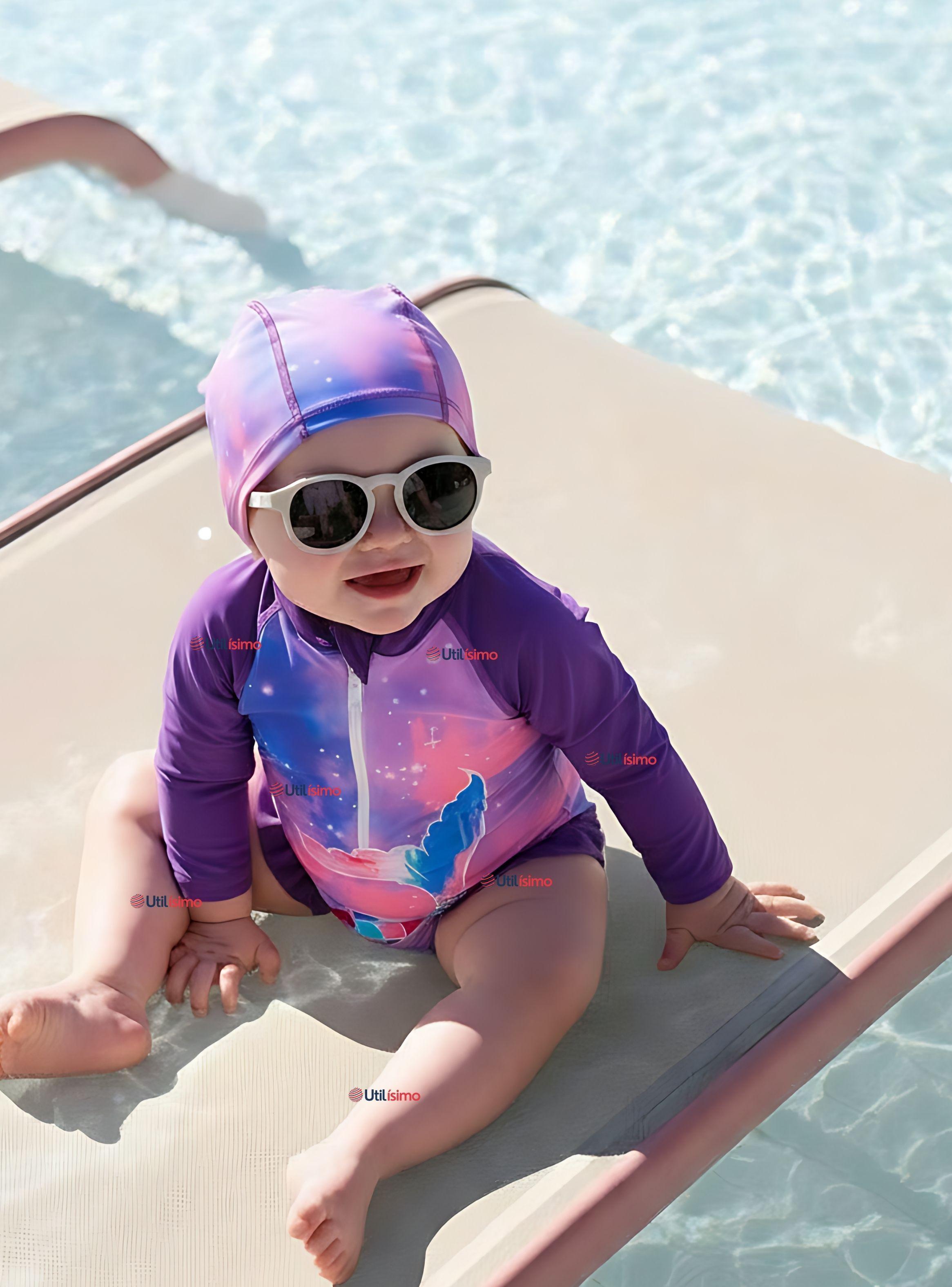 Traje De Baño Enterito Manga Larga con Cremallera y Gorro Bebe Niña Purple Mermaid-0