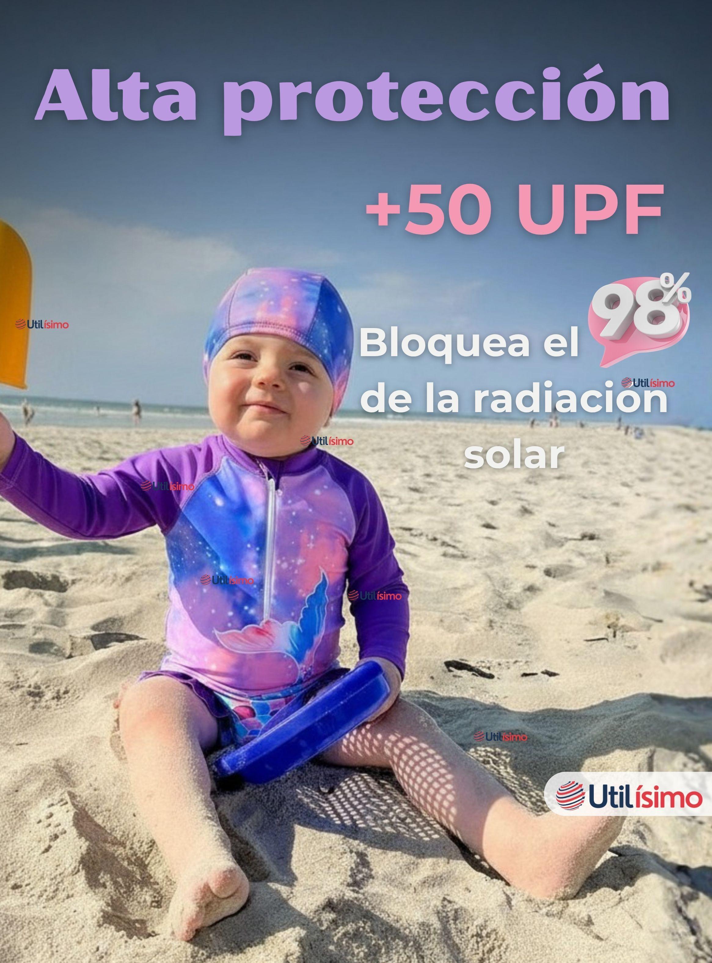 Traje De Baño Enterito Manga Larga con Cremallera y Gorro Bebe Niña Purple Mermaid-2