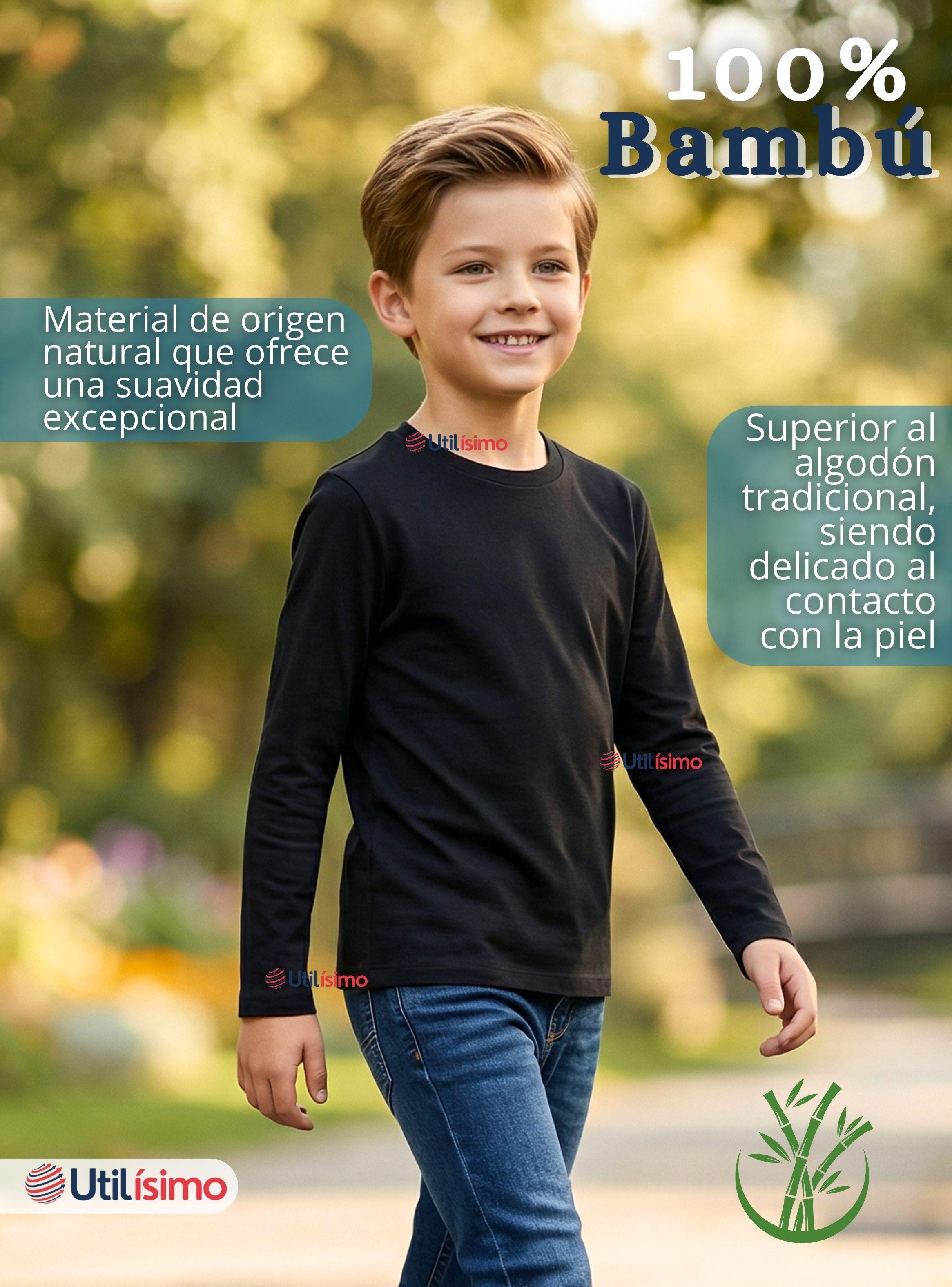 Pack 3 Poleras Camisetas Bambú Negra Cuello Redondo Primera Capa Mangas Largas Niños-3