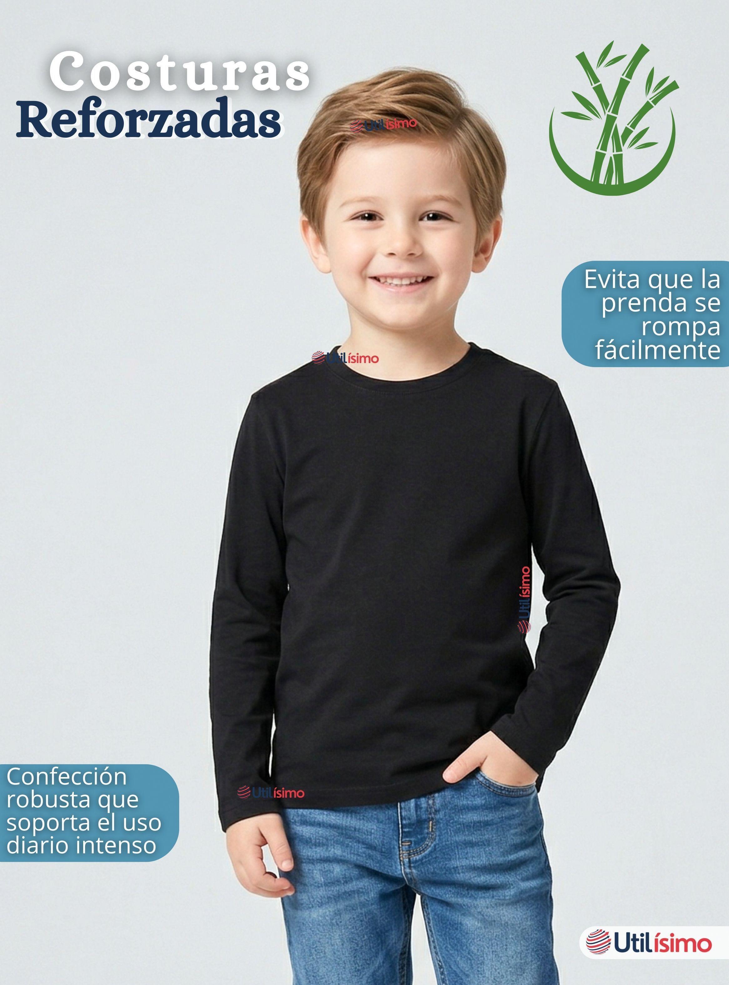 Pack 3 Poleras Camisetas Bambú Negra Cuello Redondo Primera Capa Mangas Largas Niños-5