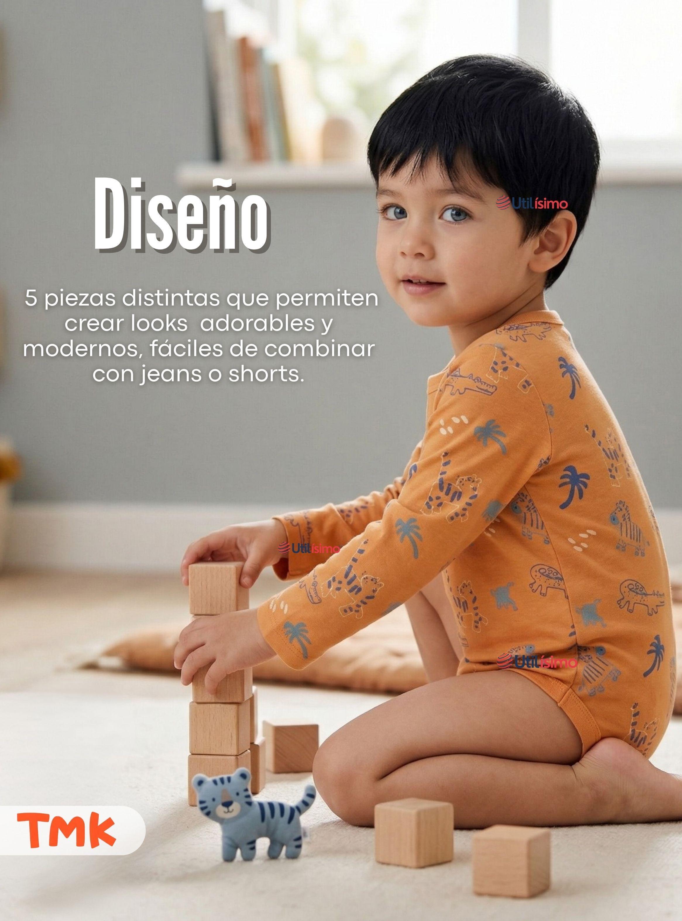 Pack 5 Bodys Manga Larga 100% Algodón Bebé Niño Friendly Safari-5