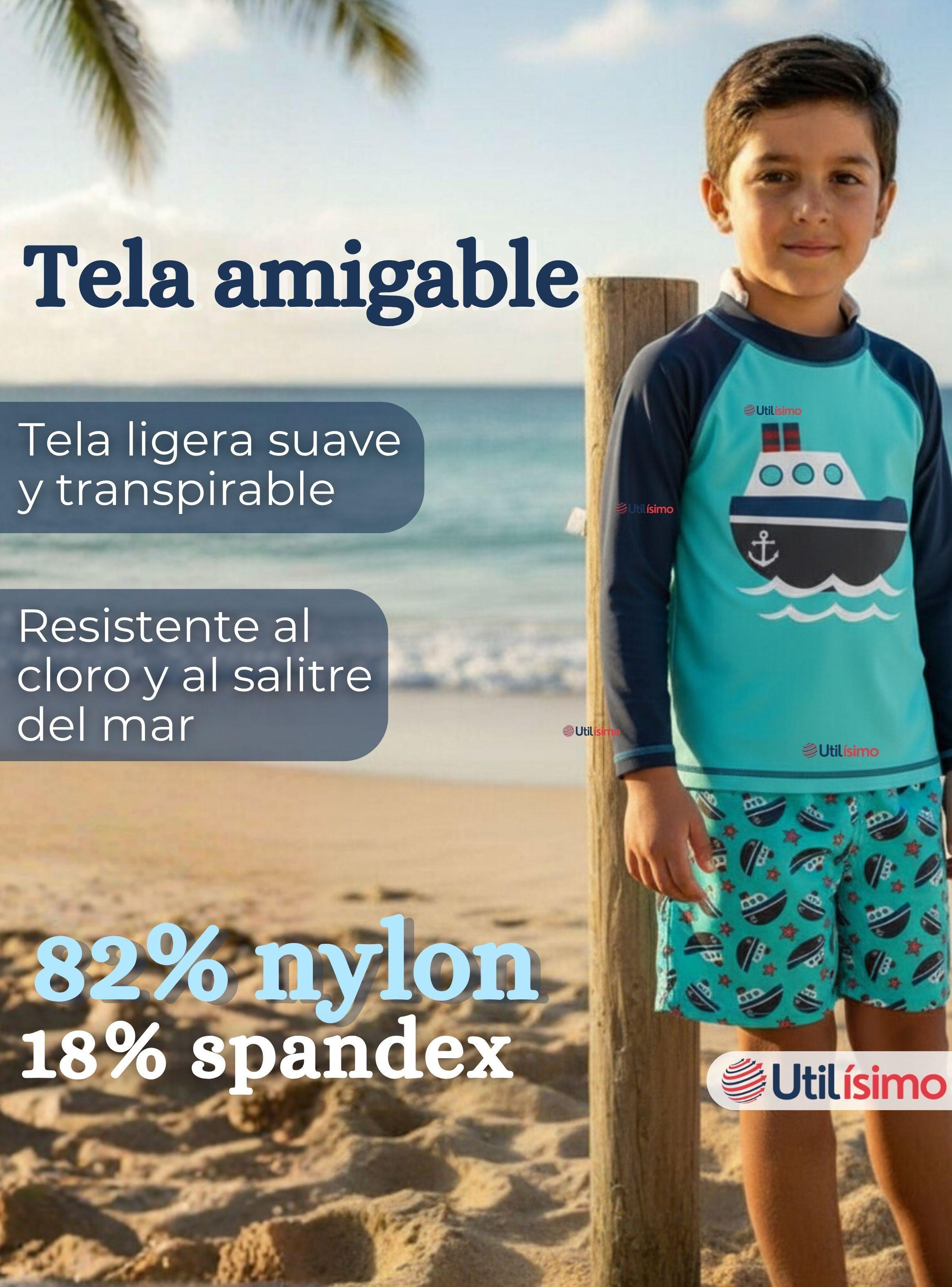 Traje de Baño Polera Manga Larga Pantalón Corto 2 Piezas para Niños 3 a 9 años Blue Boat-2