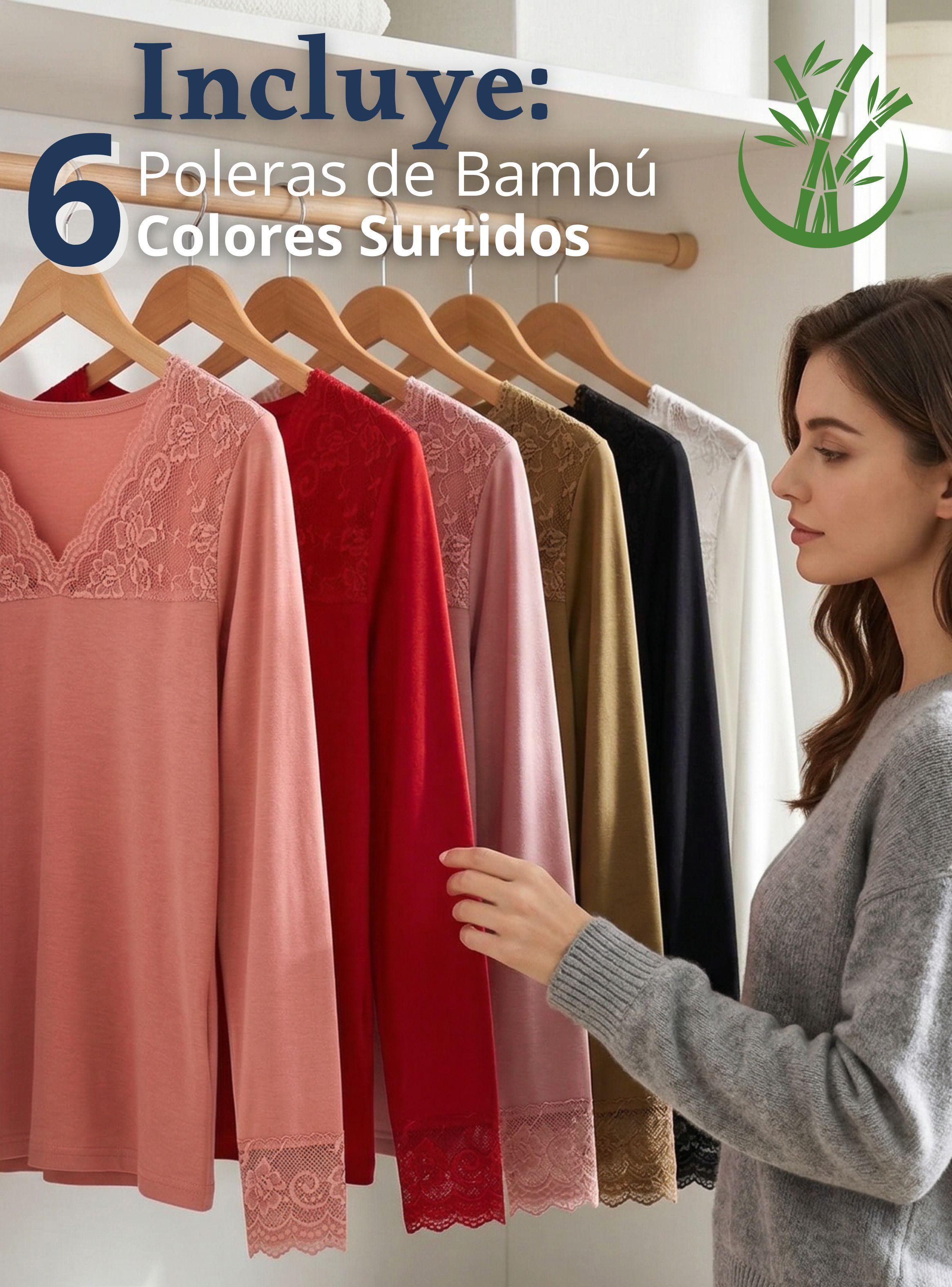 Pack 6 Camisetas Poleras Bambú Cuello V Mangas Larga Con Encaje Colores Surtidos Mujer-2