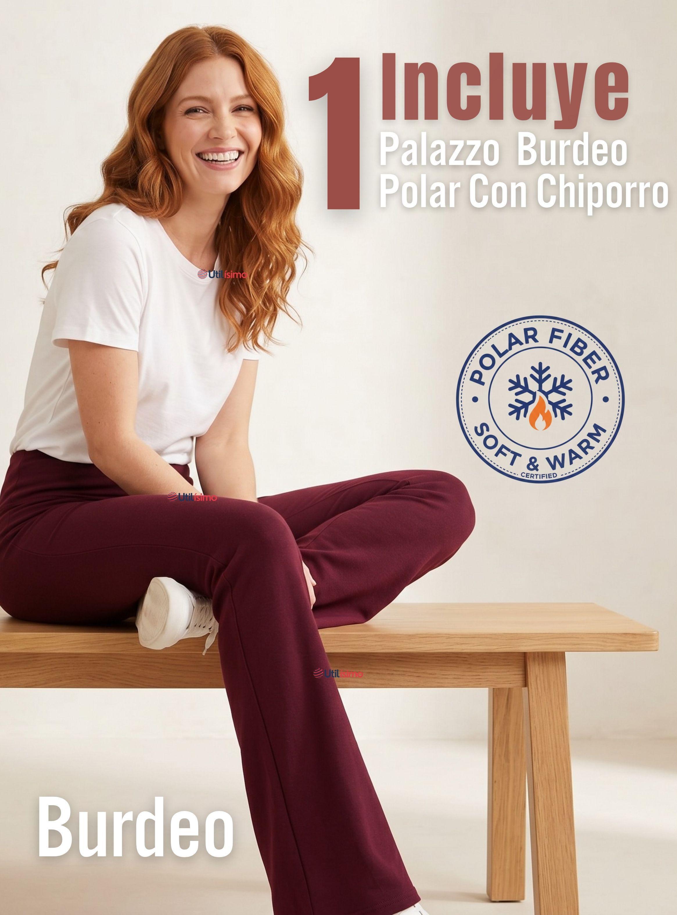 Calza Polar Con Chiporro Palazzo Mujer Elasticada Térmica Burdeo-2