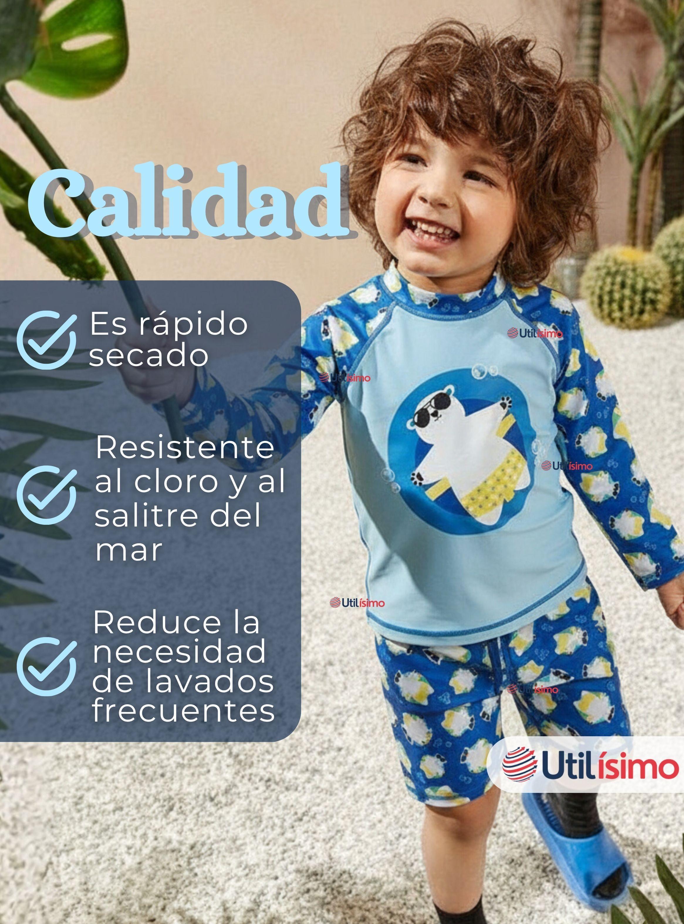 Traje de Baño Manga Larga Pantalón Corto 2 Piezas Corte Split para Niños 3 a 9 años Blue Polar Bear-7