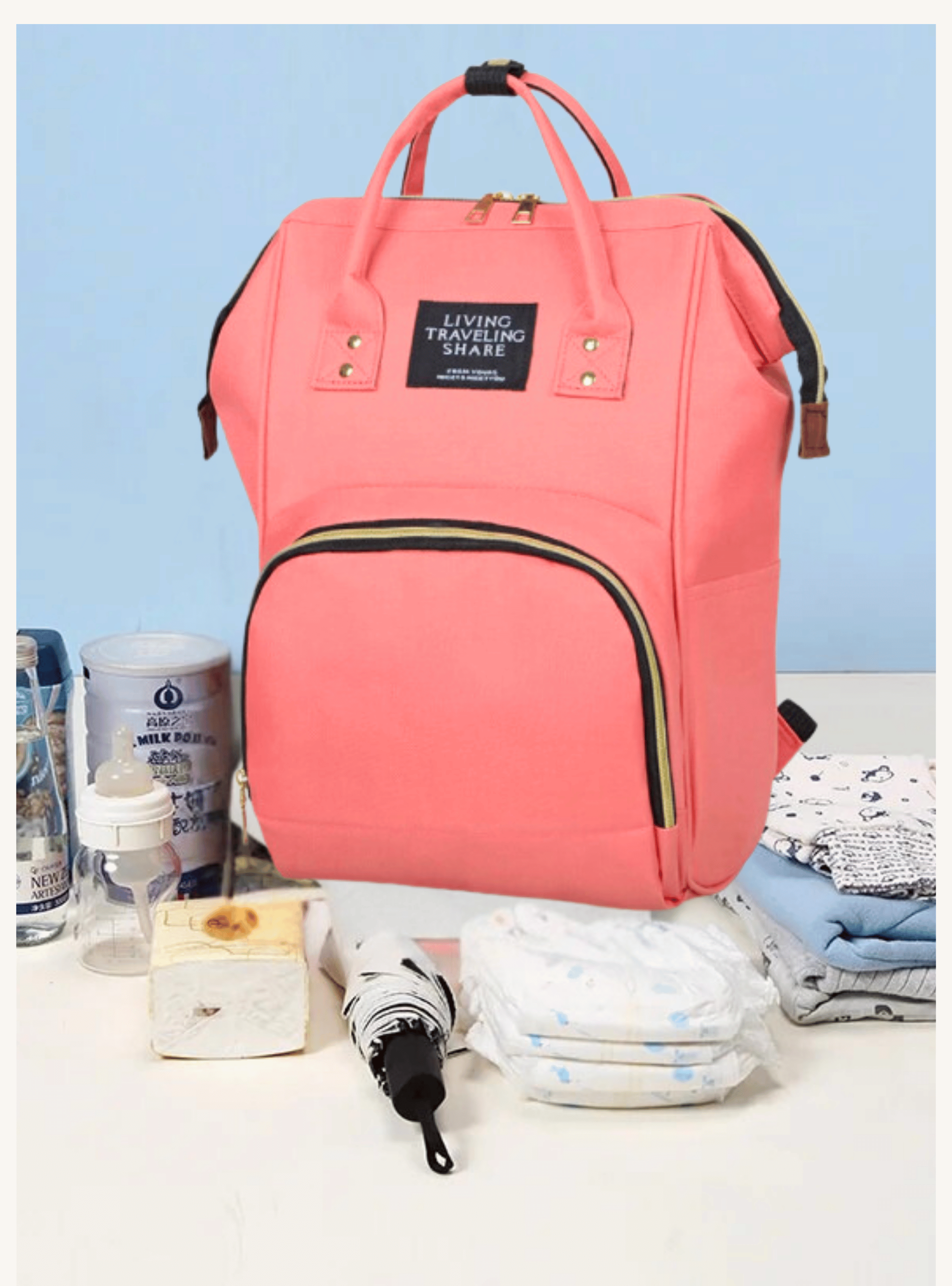 Mochila Maternal Bolso Pañalera Nylon Bebé Térmica e Impermeable Coral Pink-2