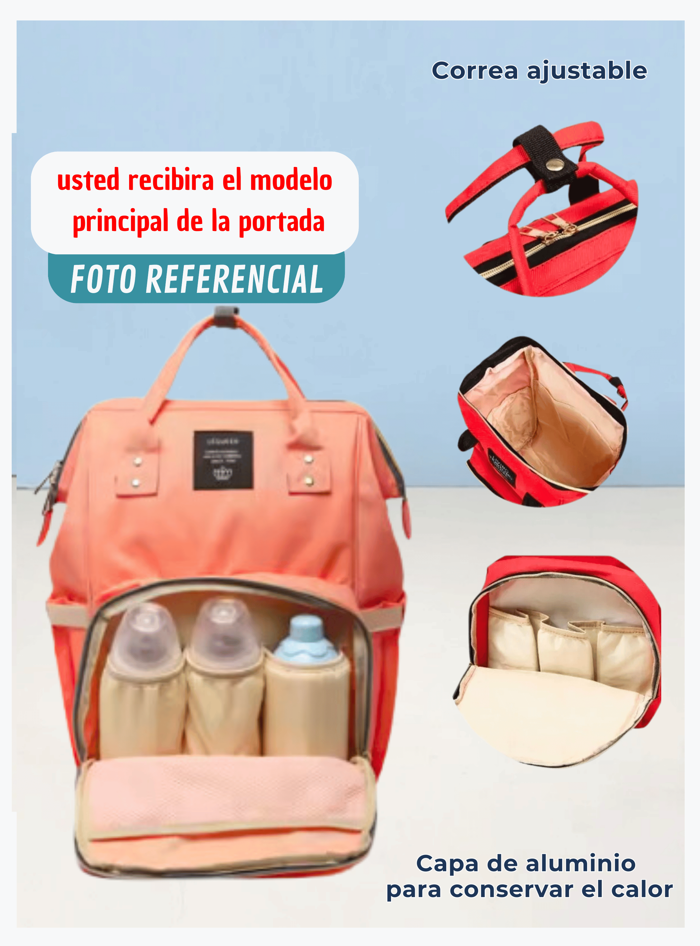 Mochila Maternal Bolso Pañalera Nylon Bebé Térmica e Impermeable Coral Pink-3