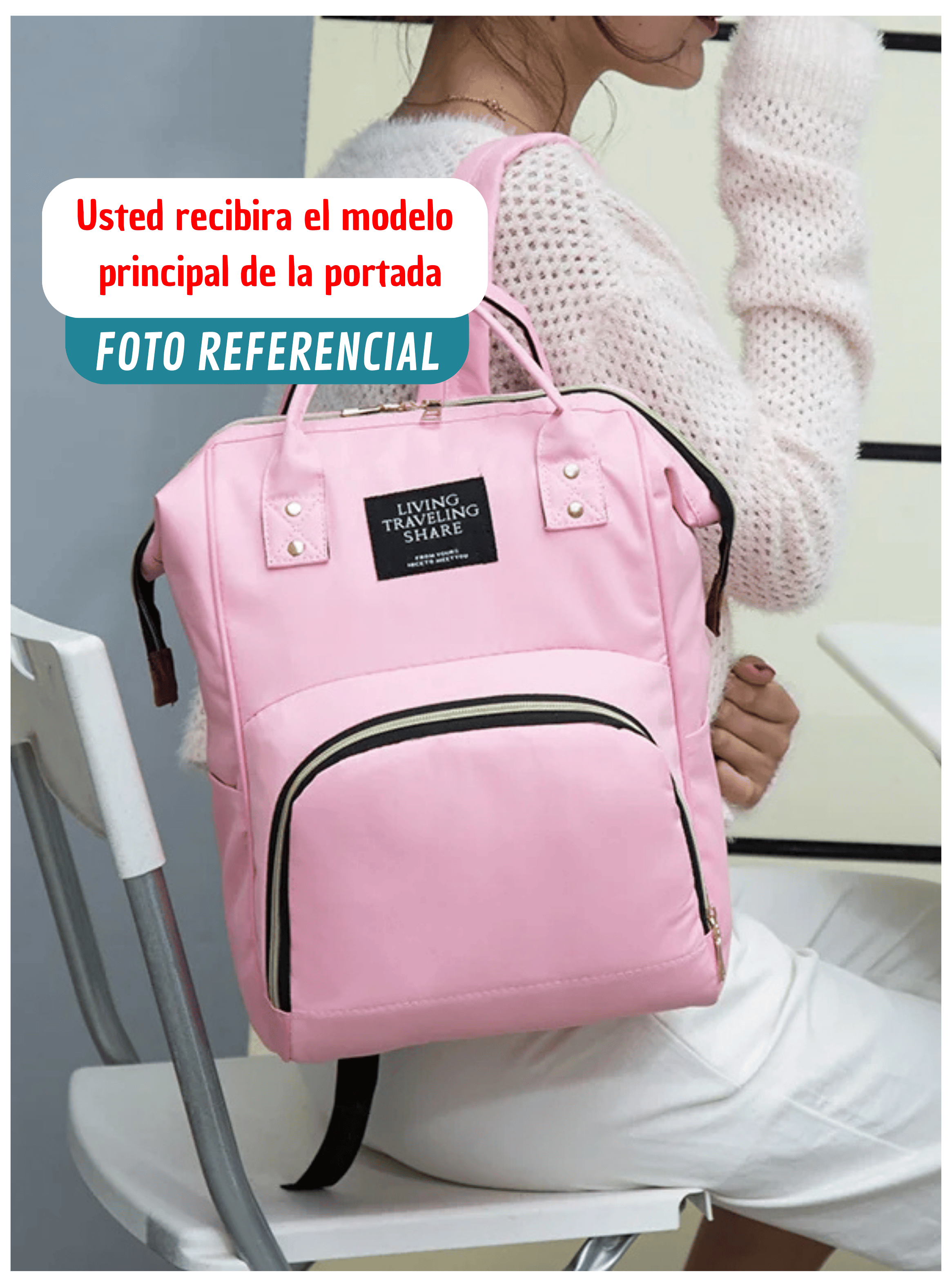 Mochila Maternal Bolso Pañalera Nylon Bebé Térmica e Impermeable Coral Pink-4