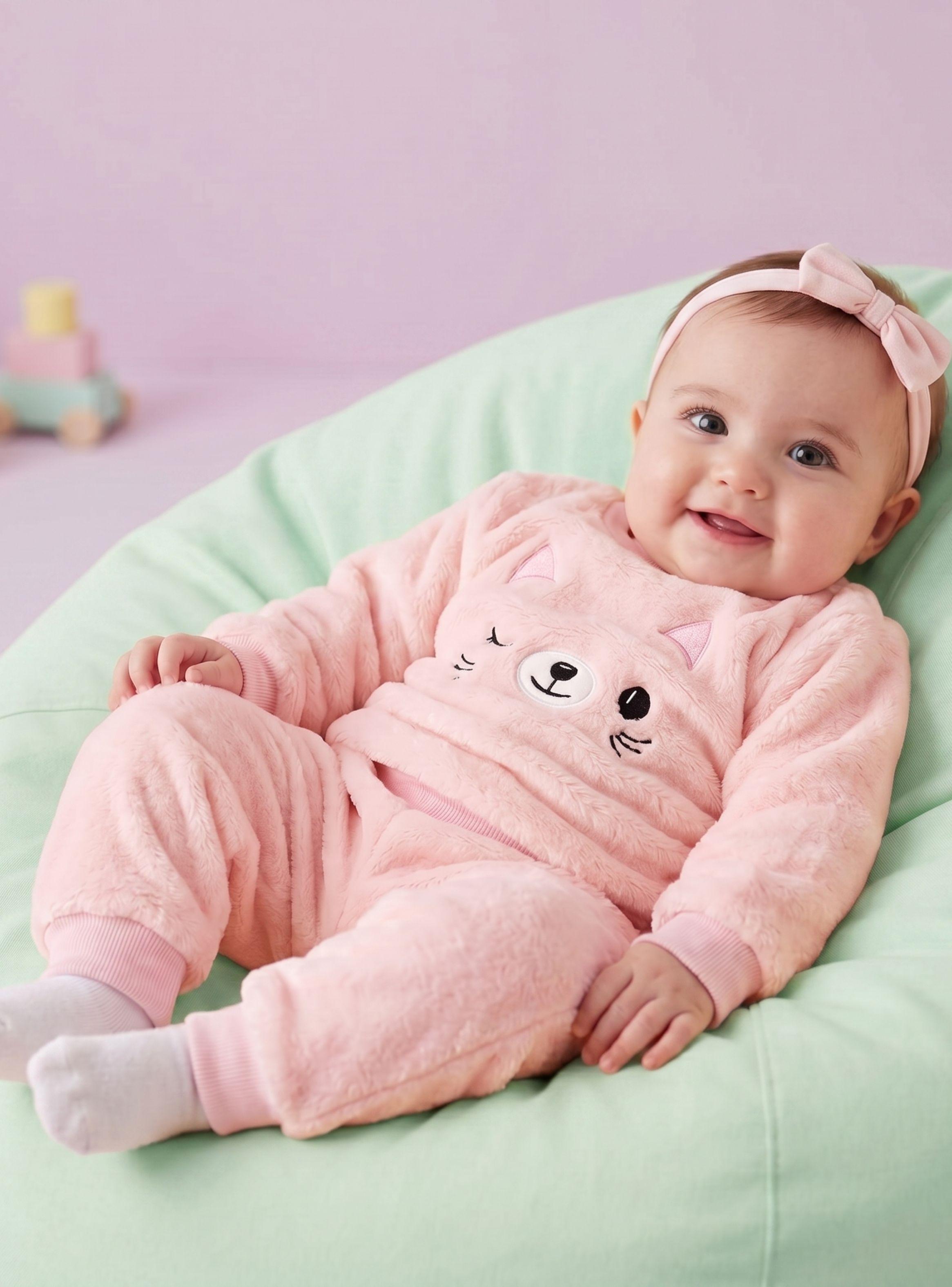 Conjunto Buzo Polerón Frizado 2 Piezas Niña Bebe Corderito Liso Pink Cat-0