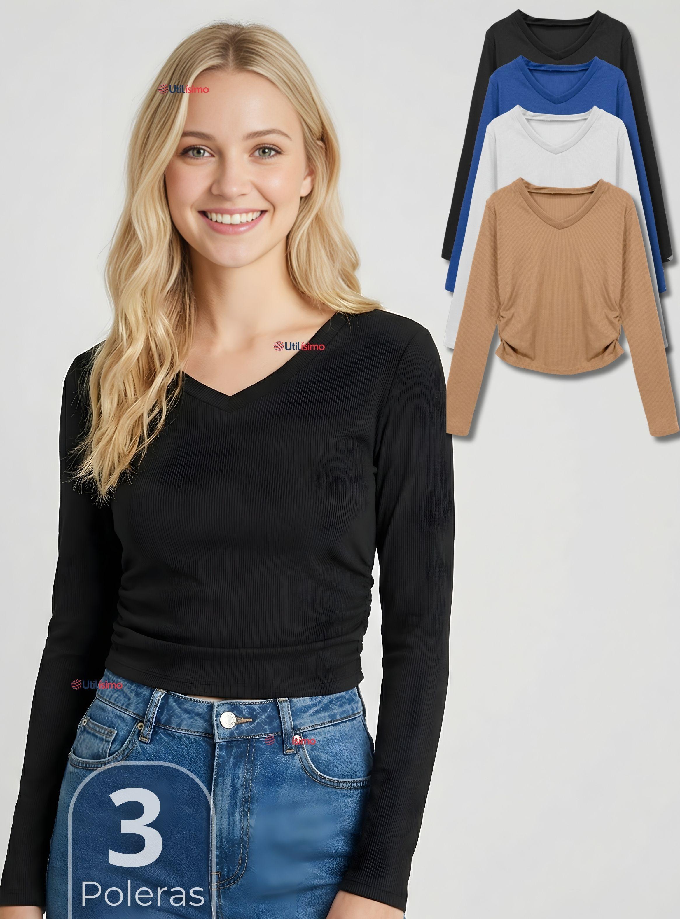 Pack 3 Camisetas Polar Polera Cuello V Mujer Manga Larga Tela Acanalada de Colores Surtidos-0