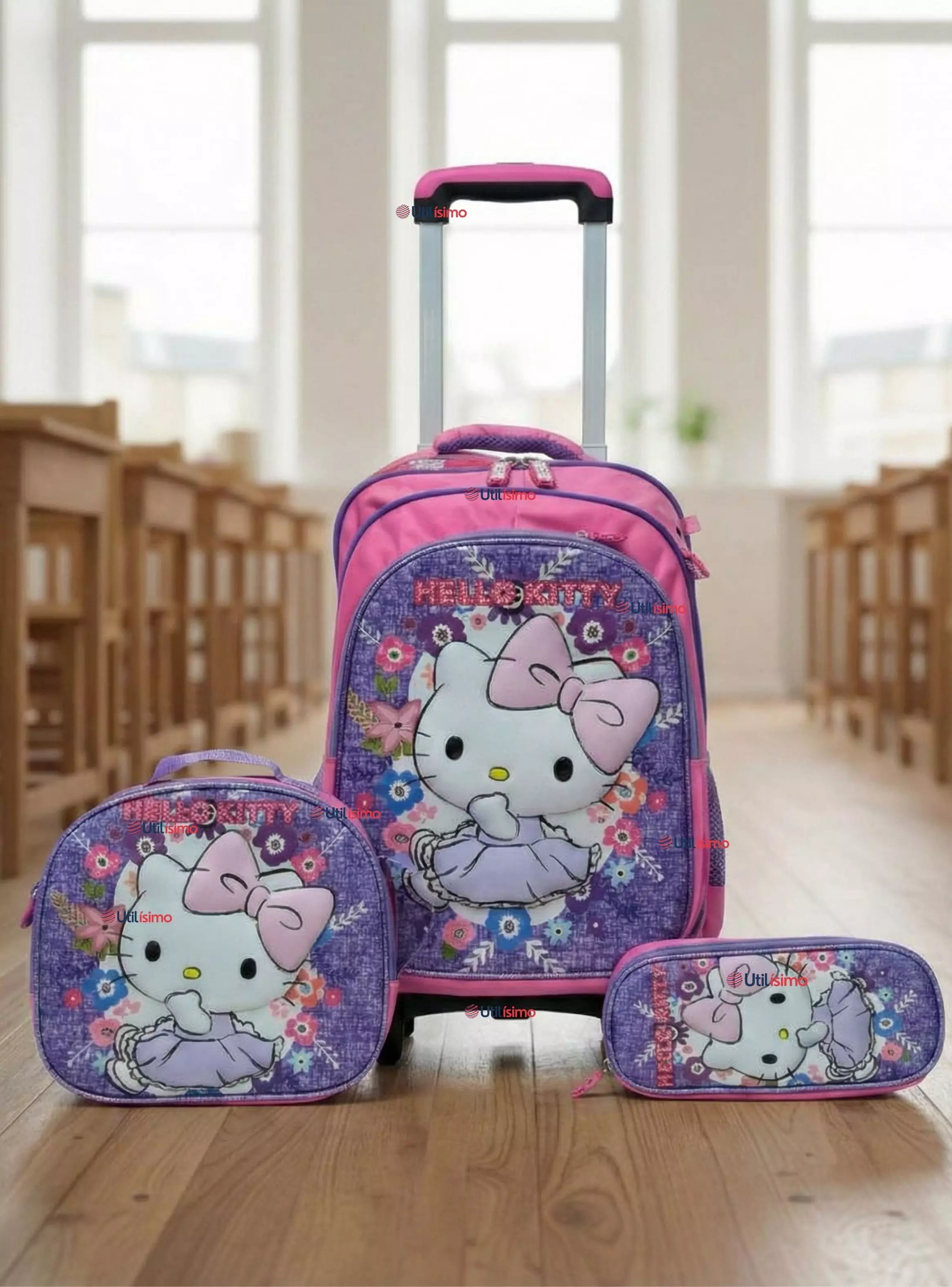Mochila Escolar Hello Kitty Con Ruedas Desmontables + Estuche + Lonchera Lila Niña Poliéster-0