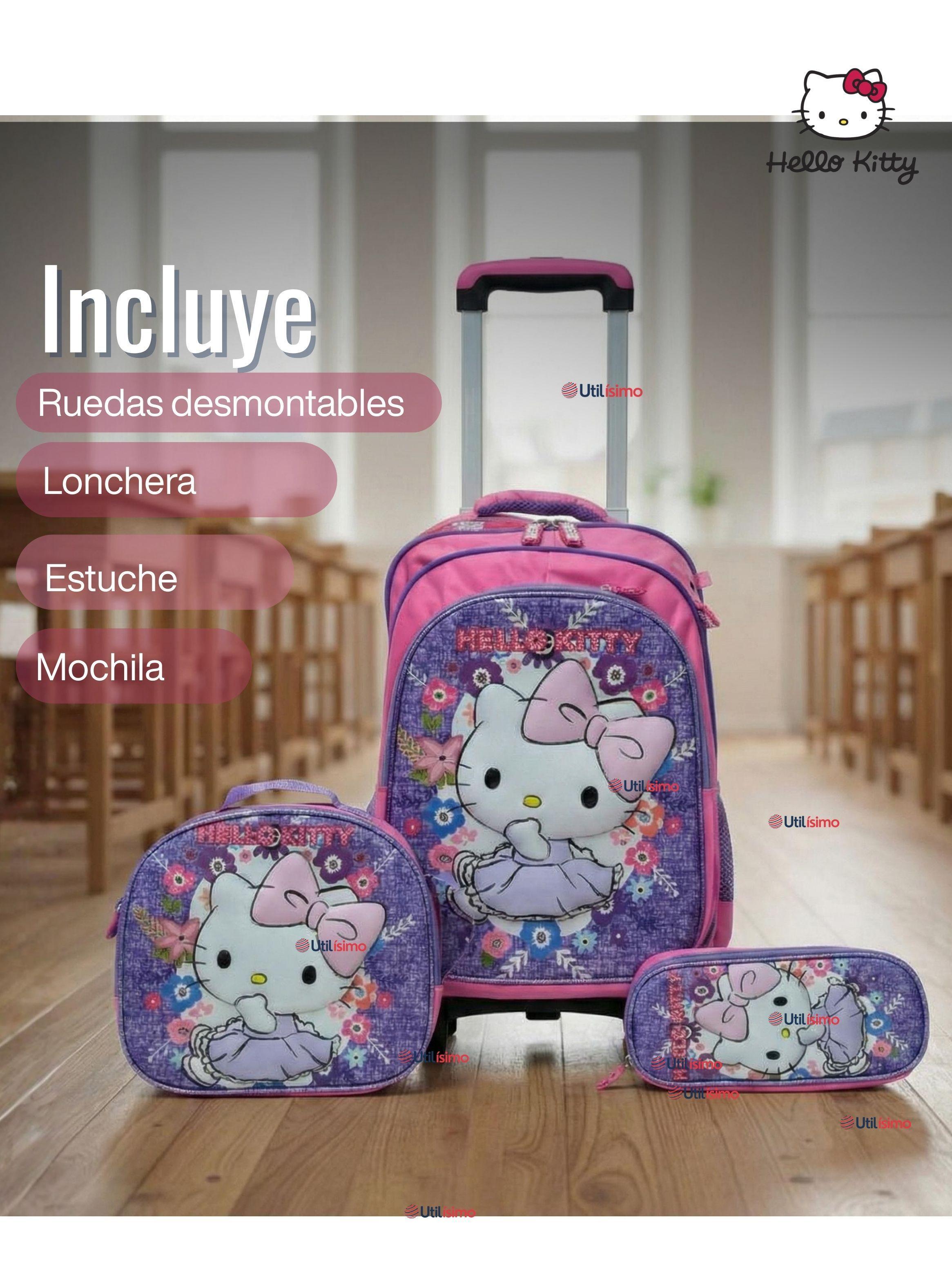 Mochila Escolar Hello Kitty Con Ruedas Desmontables + Estuche + Lonchera Lila Niña Poliéster-2