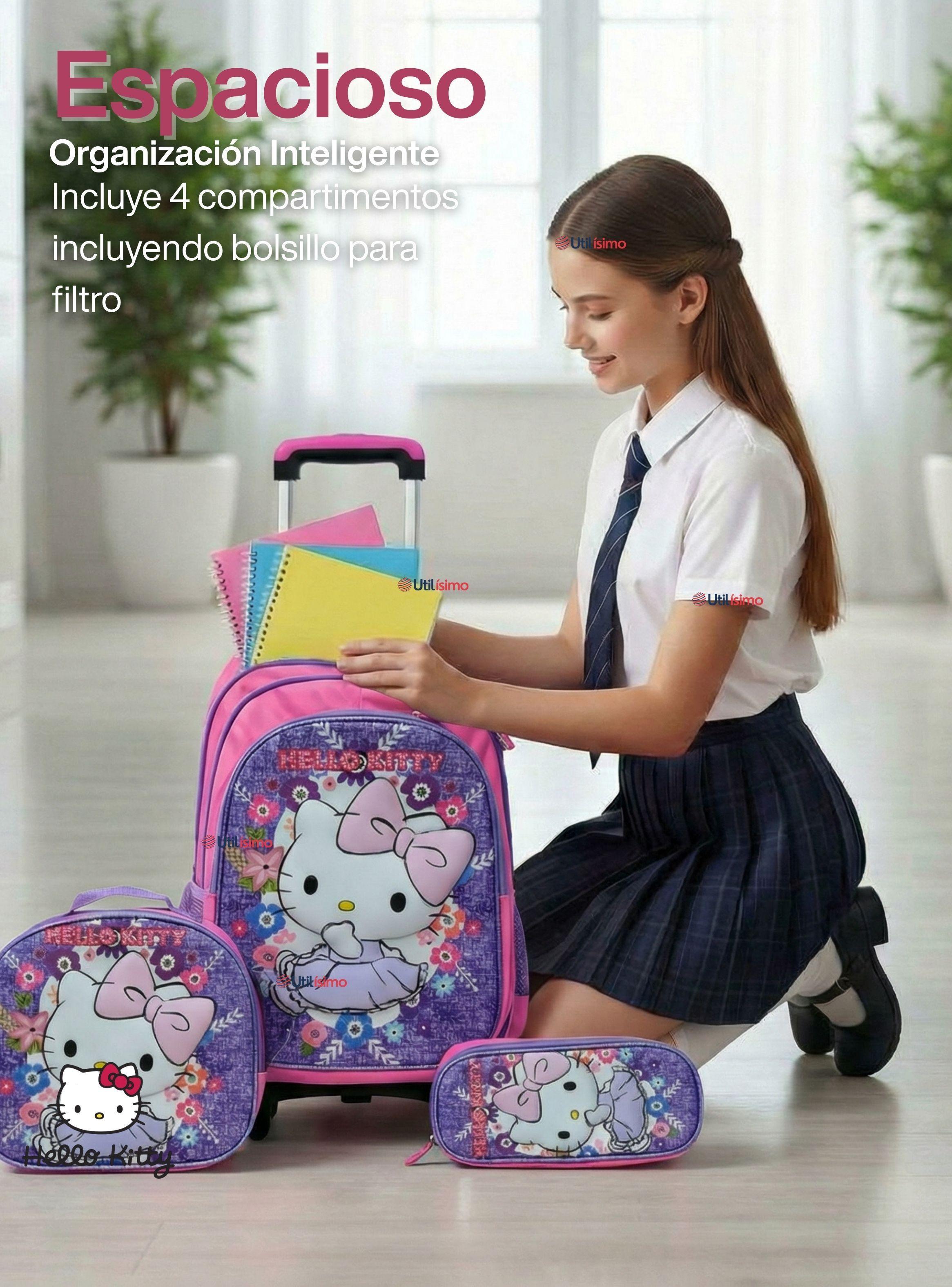 Mochila Escolar Hello Kitty Con Ruedas Desmontables + Estuche + Lonchera Lila Niña Poliéster-6