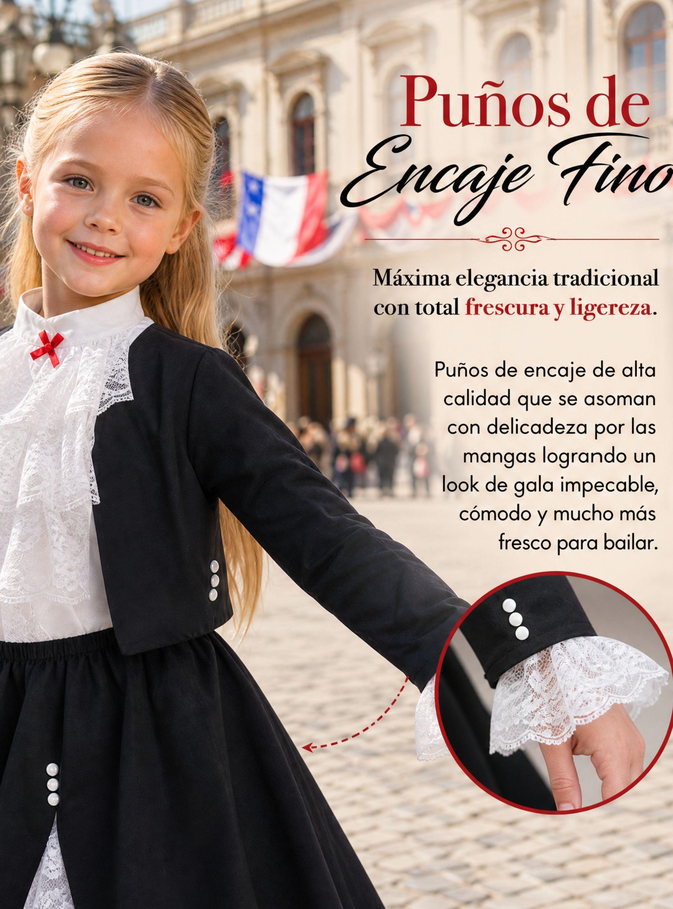 Traje Huasa Elegante Negro de NIña Conjunto 4 Piezas Tipico Fiestas Patrias-6