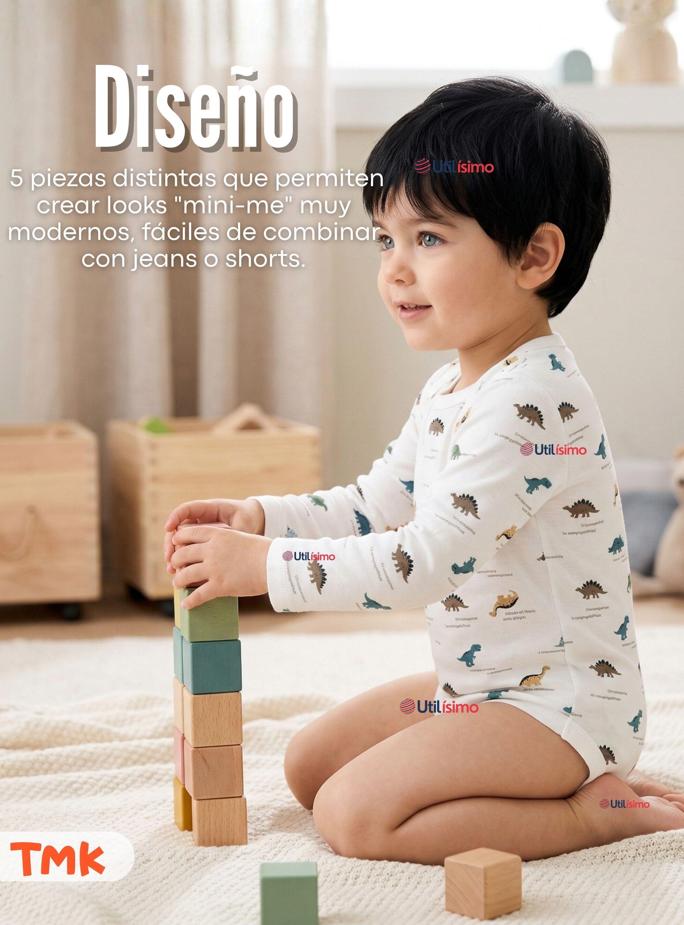 Pack 5 Bodys Manga Larga 100% Algodón Bebé Niños Dino Aventure-5