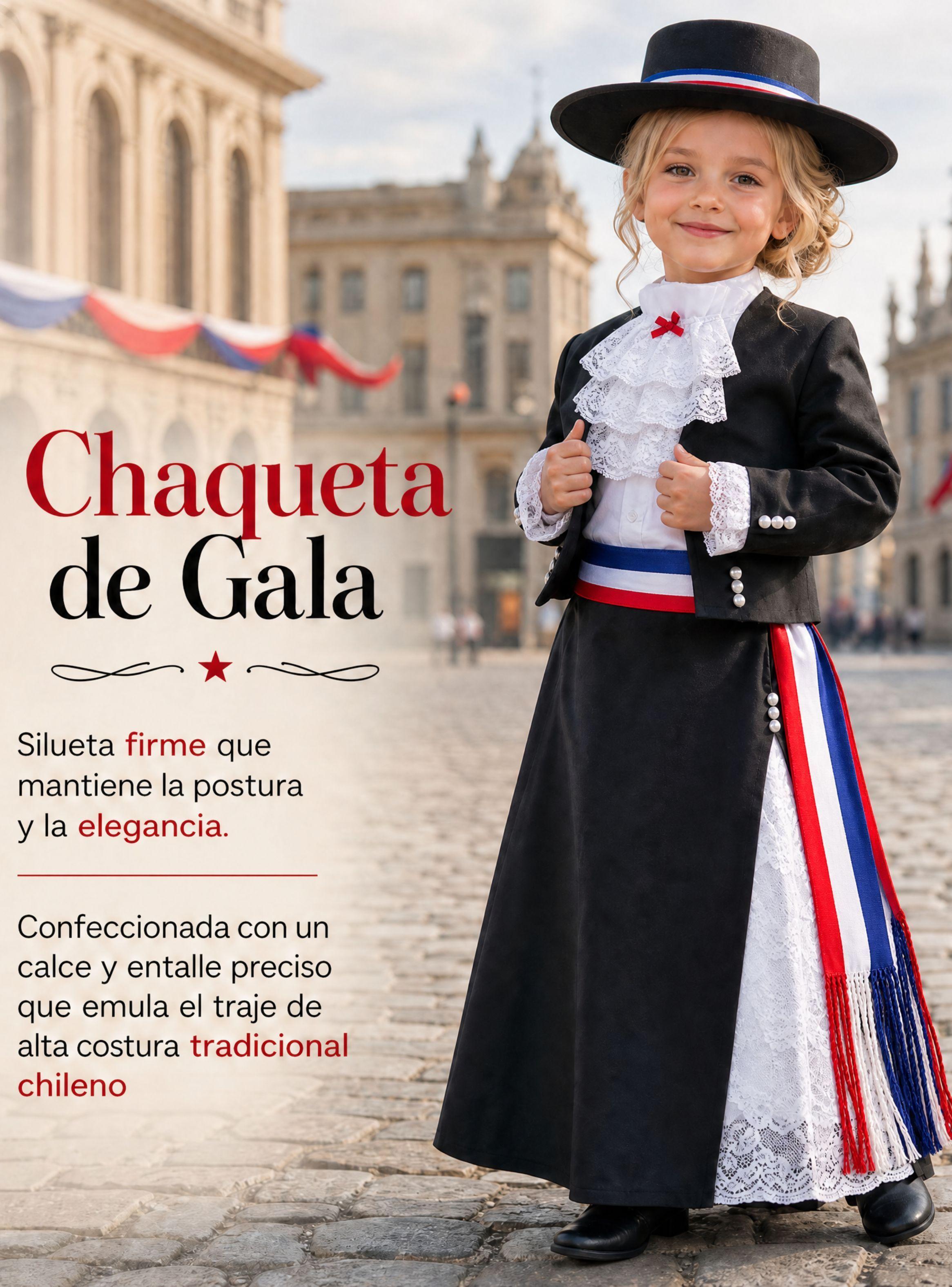 Traje Huasa Elegante Negro NIña Conjunto 7 Piezas Tipico Fiestas Patrias-5