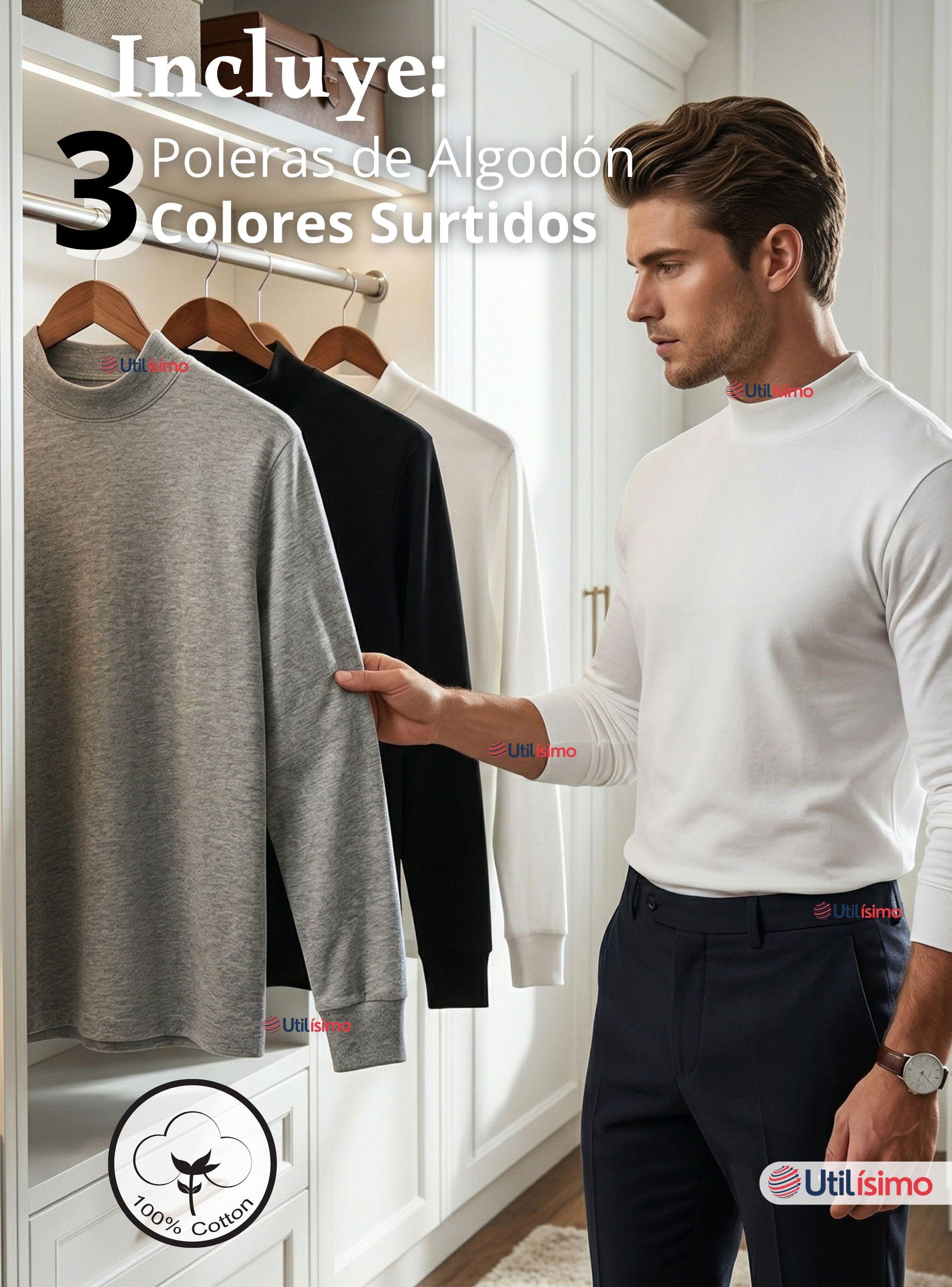 Pack 3 Camisetas Poleras Algodón Primera Capa Cuello Beatle Manga Largas Colores Surtidos Hombre-2