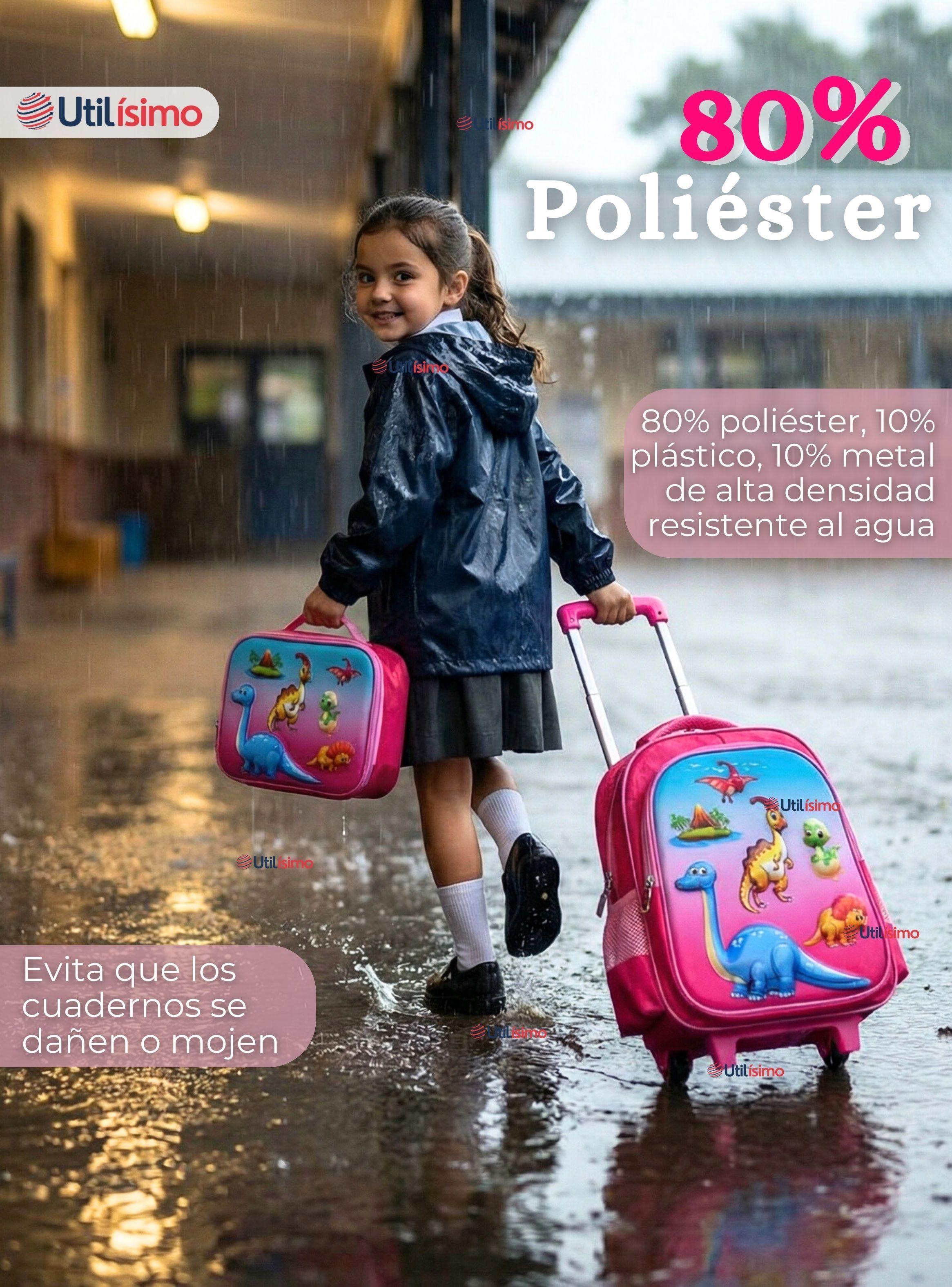 Mochila Escolar Con Ruedas + Estuche + Lonchera Desmontable Poliéster Rosa Dinosaurio Niña-5