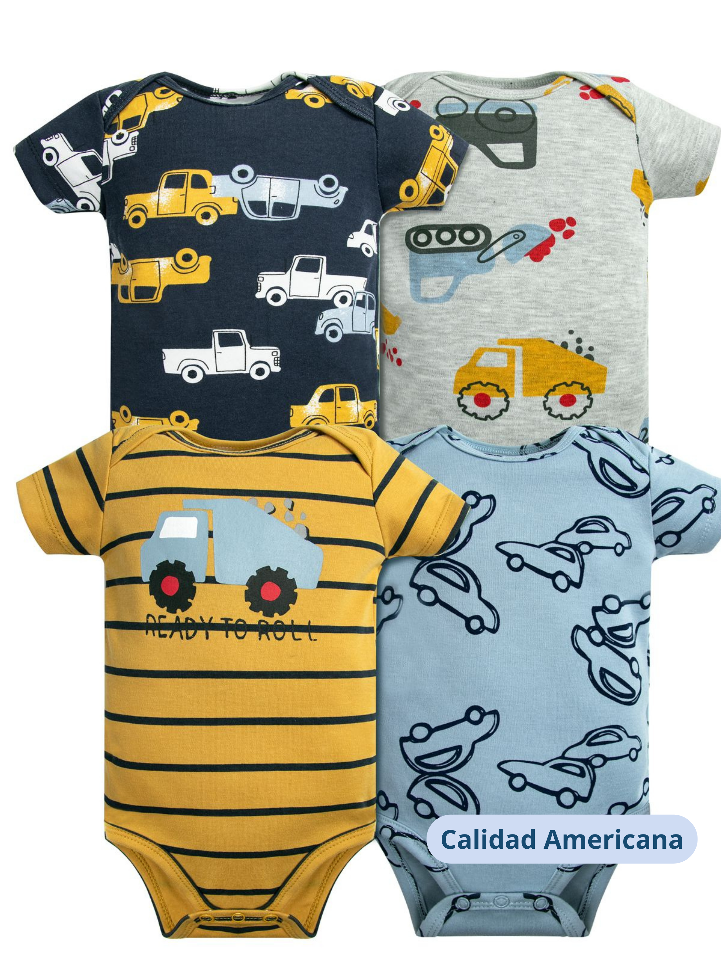 Pack 4 Bodys Niño Manga Corta Tedmimak 100% Algodón Autos Amarillo-3