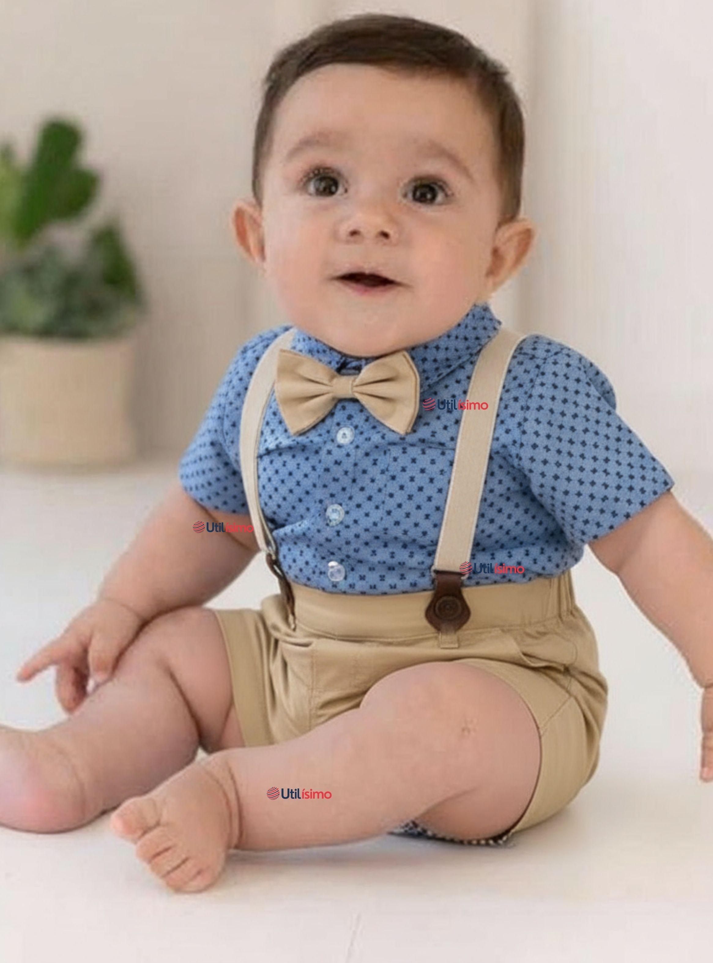 Conjunto de Vestir con Tirantes Camisa Azul Pantalón Corto Algodón Bebe y Niño-0