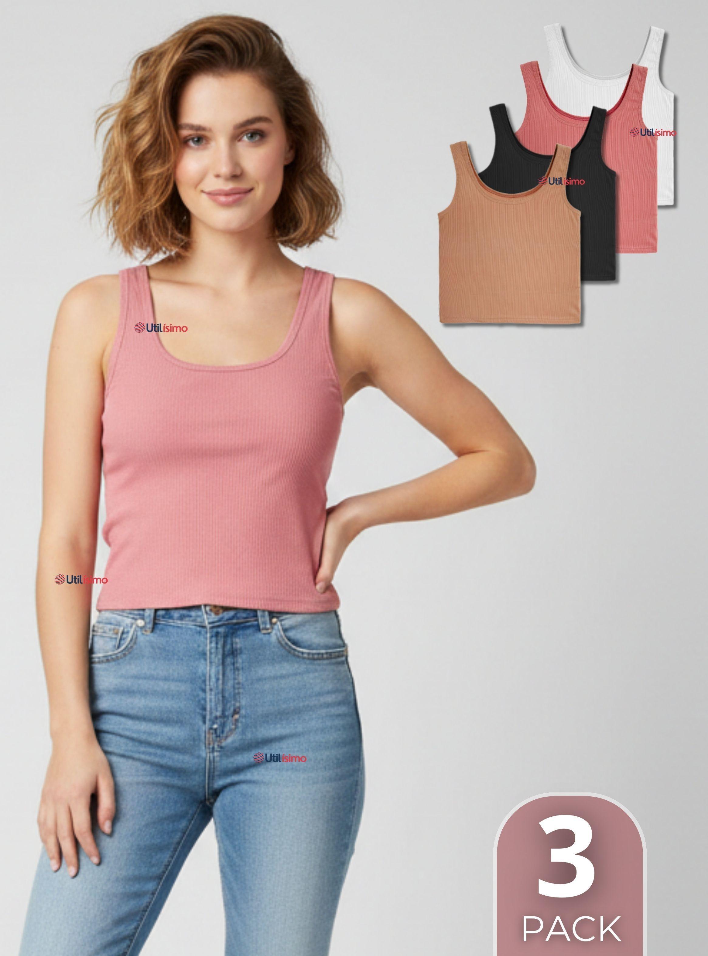 Pack 3 Camisetas Poleras Sin Mangas Tela Acanalada Algodón Mujer Colores Surtidos-0