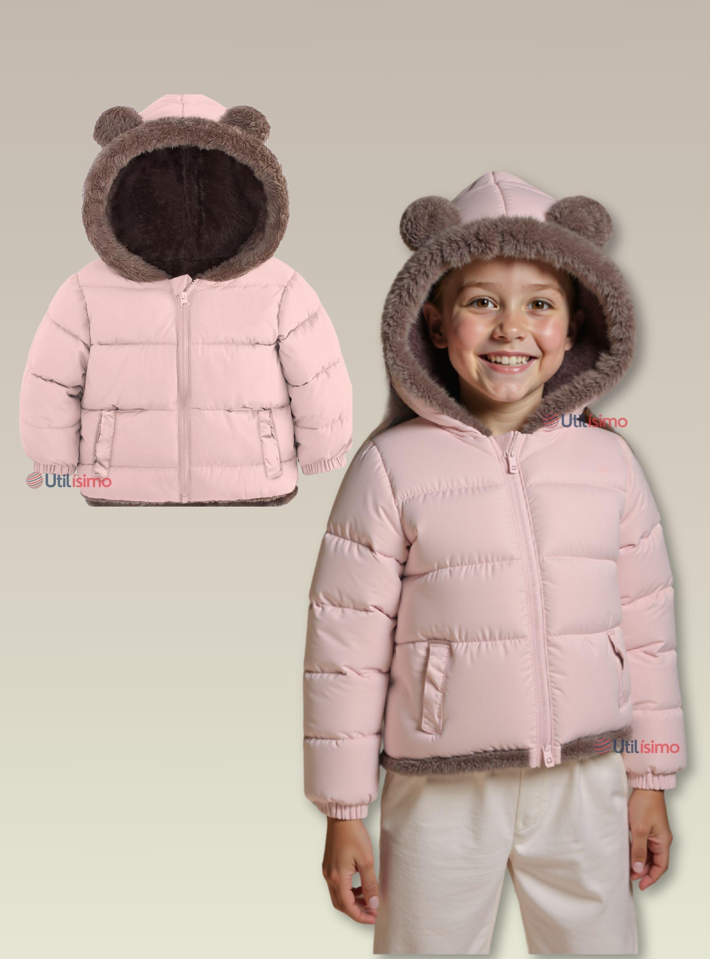 Parka Con Capucha Manga Larga Niña Orejitas Rosa-0
