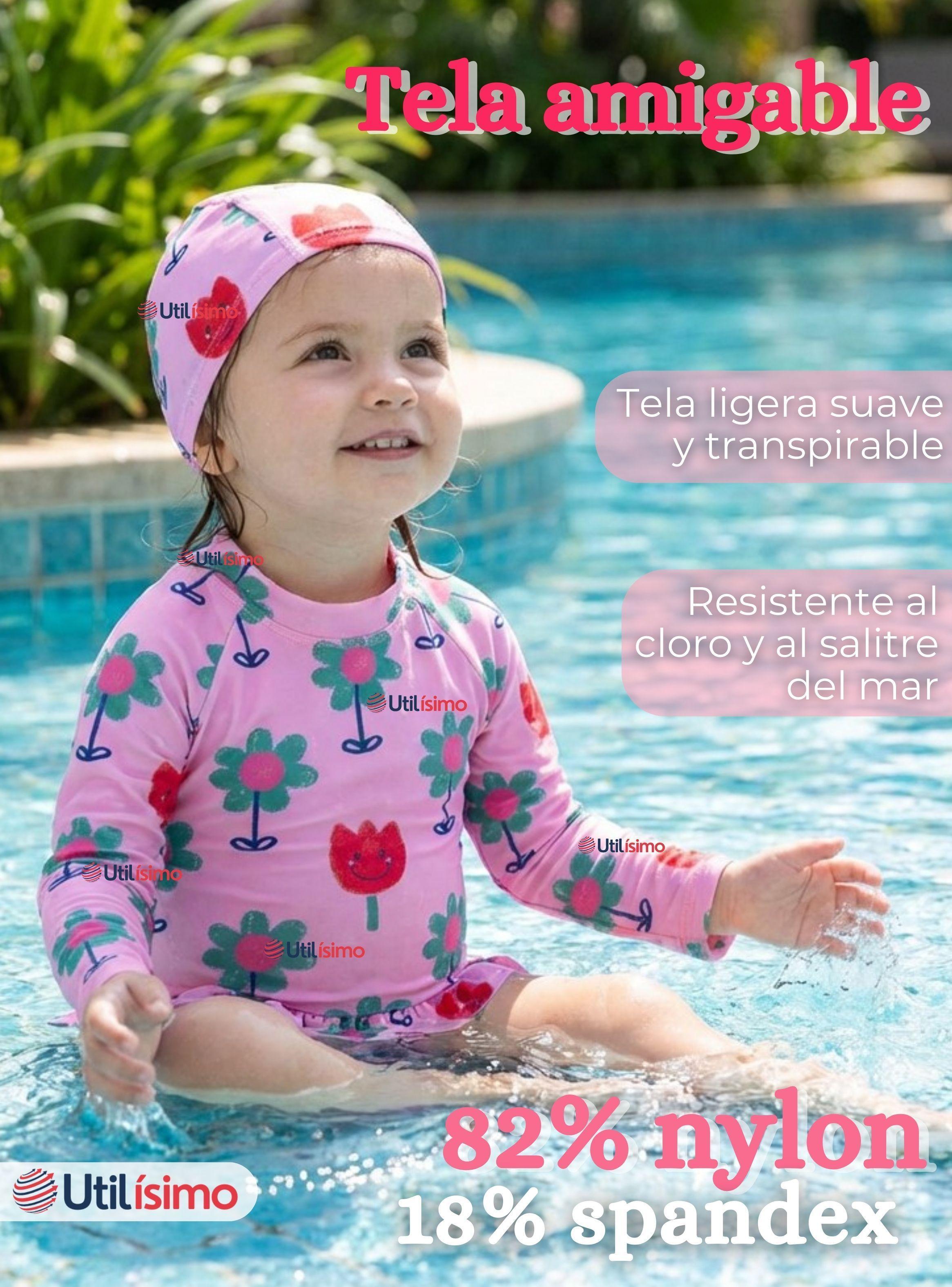Traje de Baño Enterito Cremallera Manga Larga Con Gorro para Niñas de 1 a 6 años Pink Flowers-2