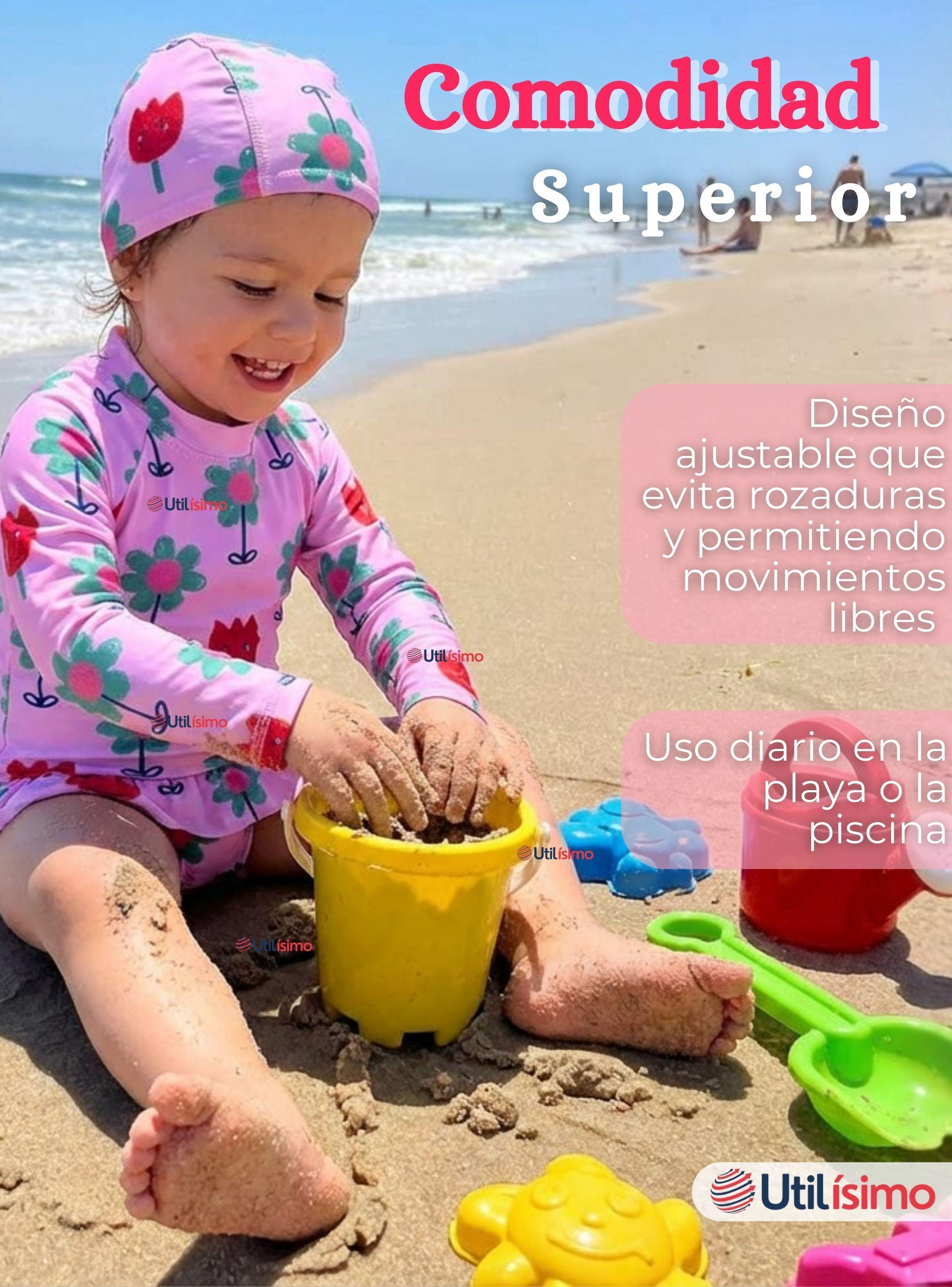 Traje de Baño Enterito Cremallera Manga Larga Con Gorro para Niñas de 1 a 6 años Pink Flowers-6