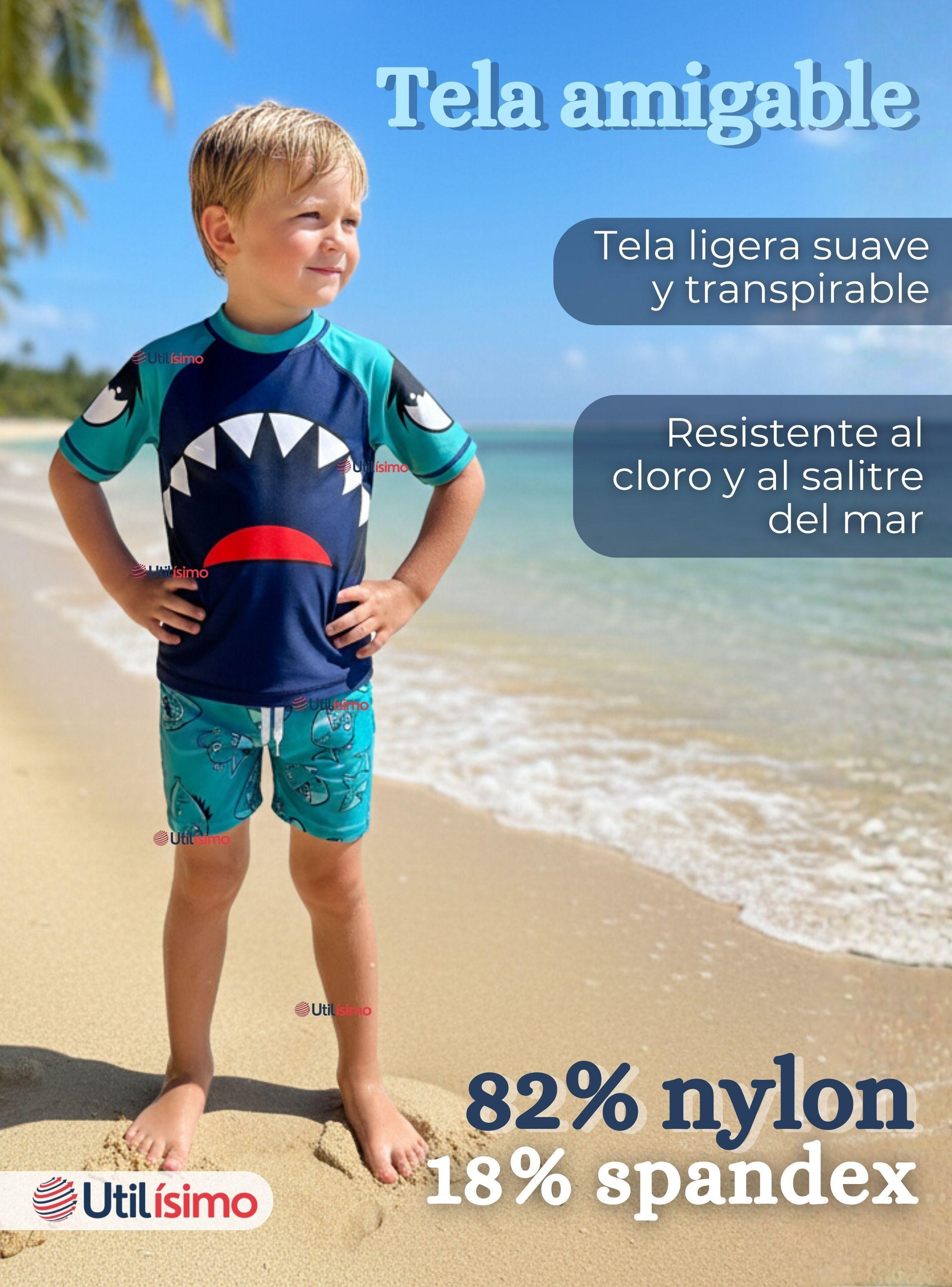 Traje de Baño Manga Corta Pantalón Corto y Gorro 3 Piezas Corte Split Niño 2 a 8 años Blue Shark-2
