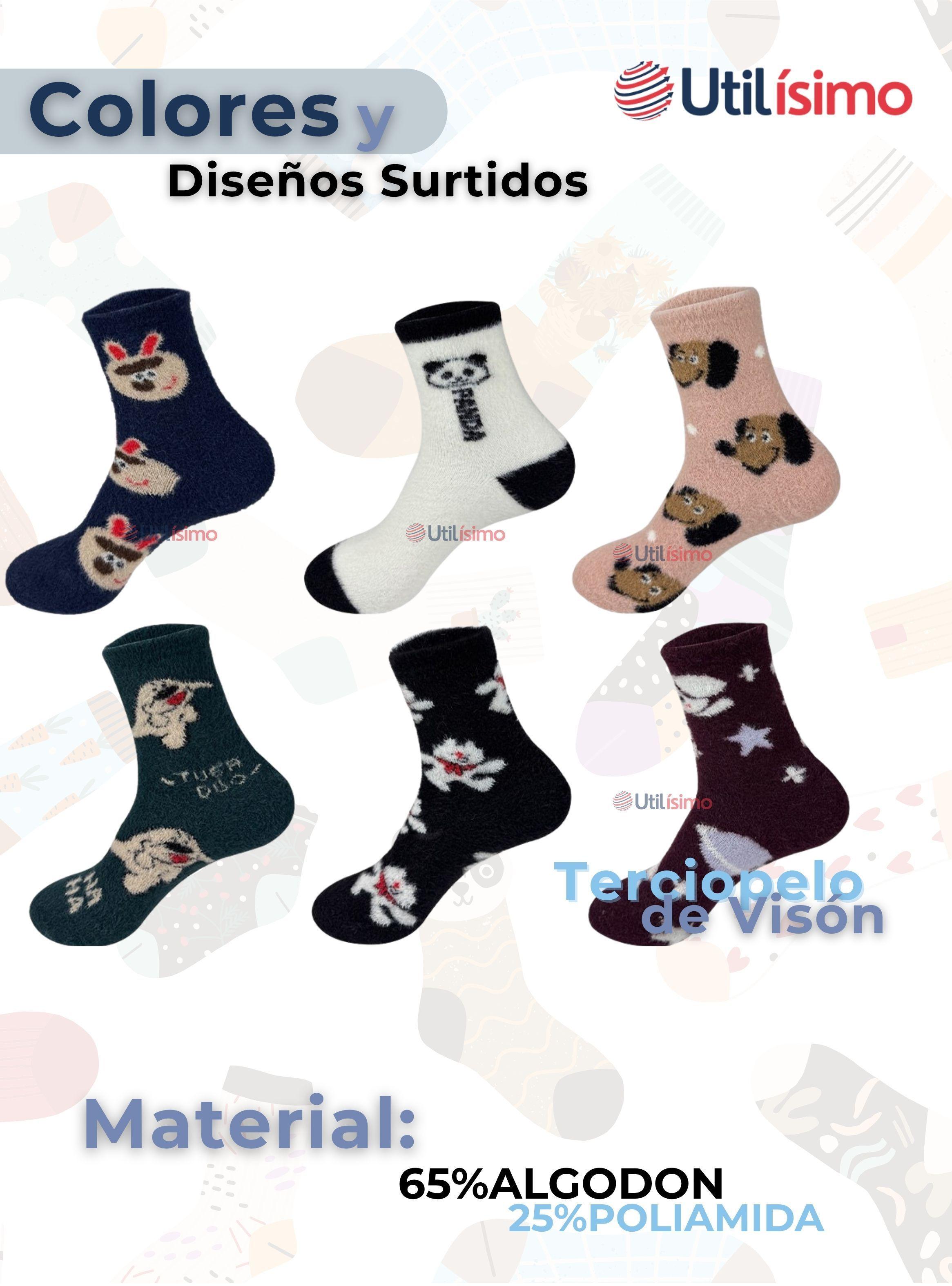 Pack 12 Pares Calcetines Terciopelo de Visón Mujer Diseños animales Surtidos Algodón-1